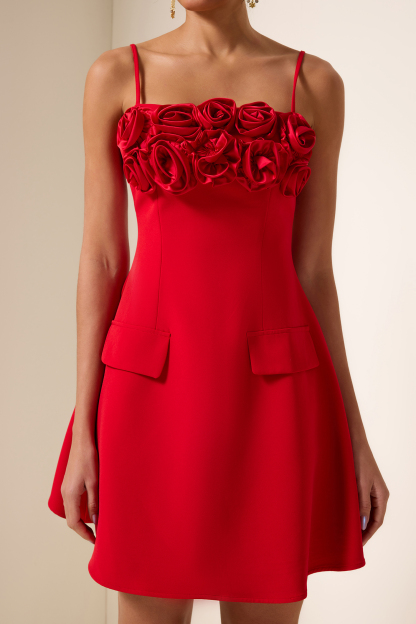 3D Flower Solid Square Neck Mini Dress