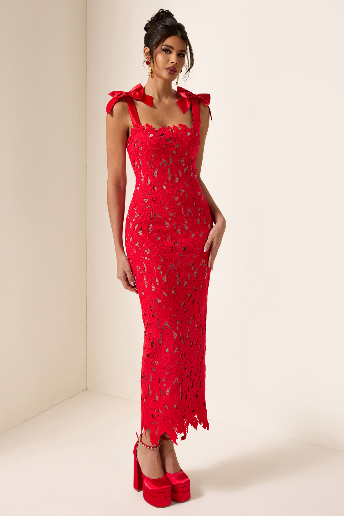 Bow Lace Sleeveless Midi Dress