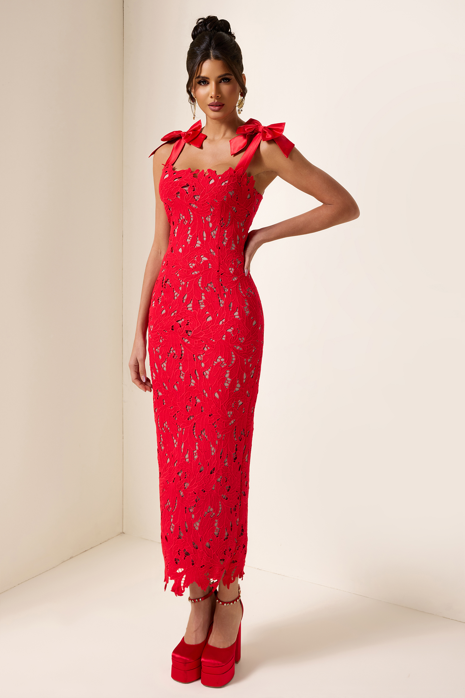 Bow Lace Sleeveless Midi Dress