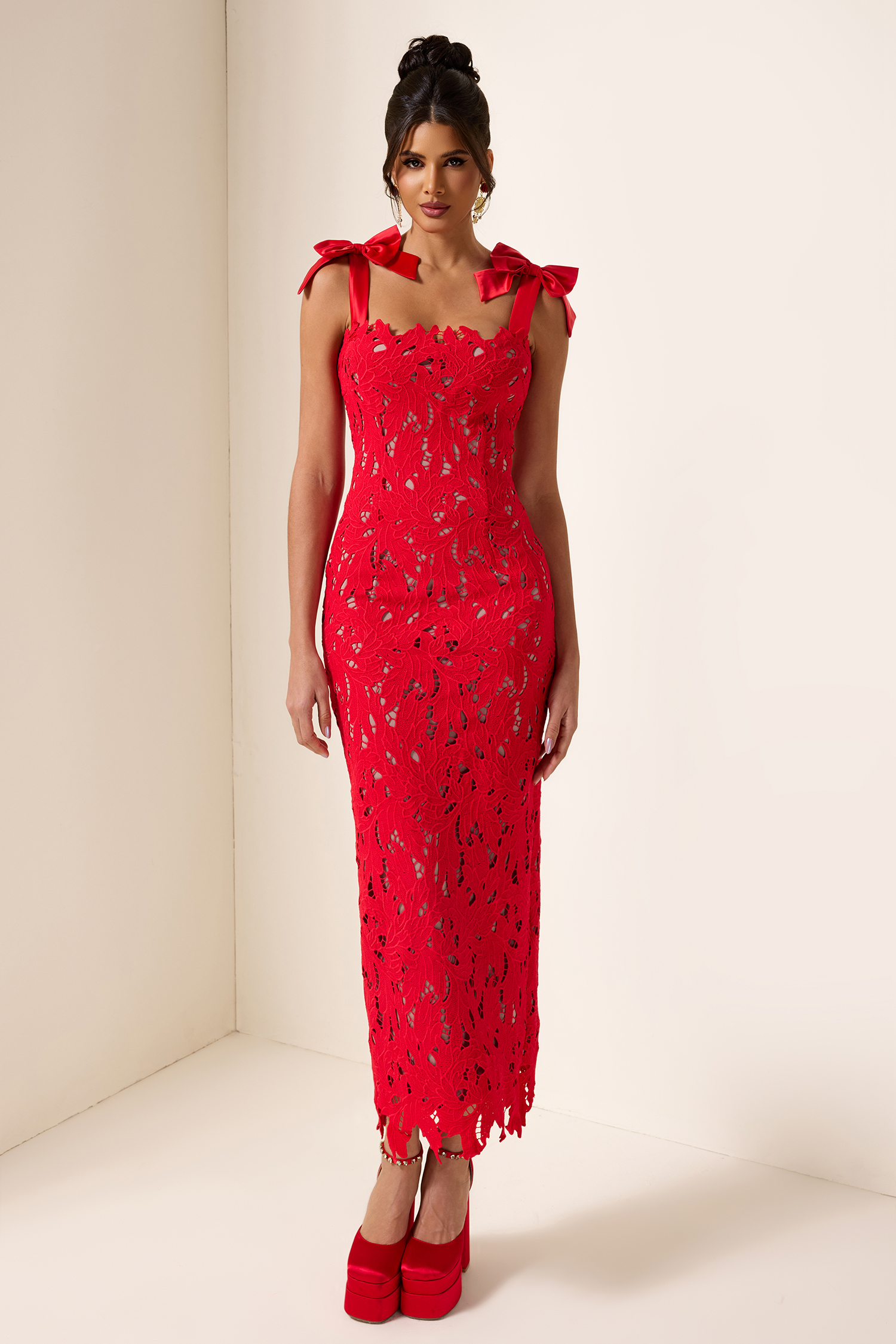 Bow Lace Sleeveless Midi Dress