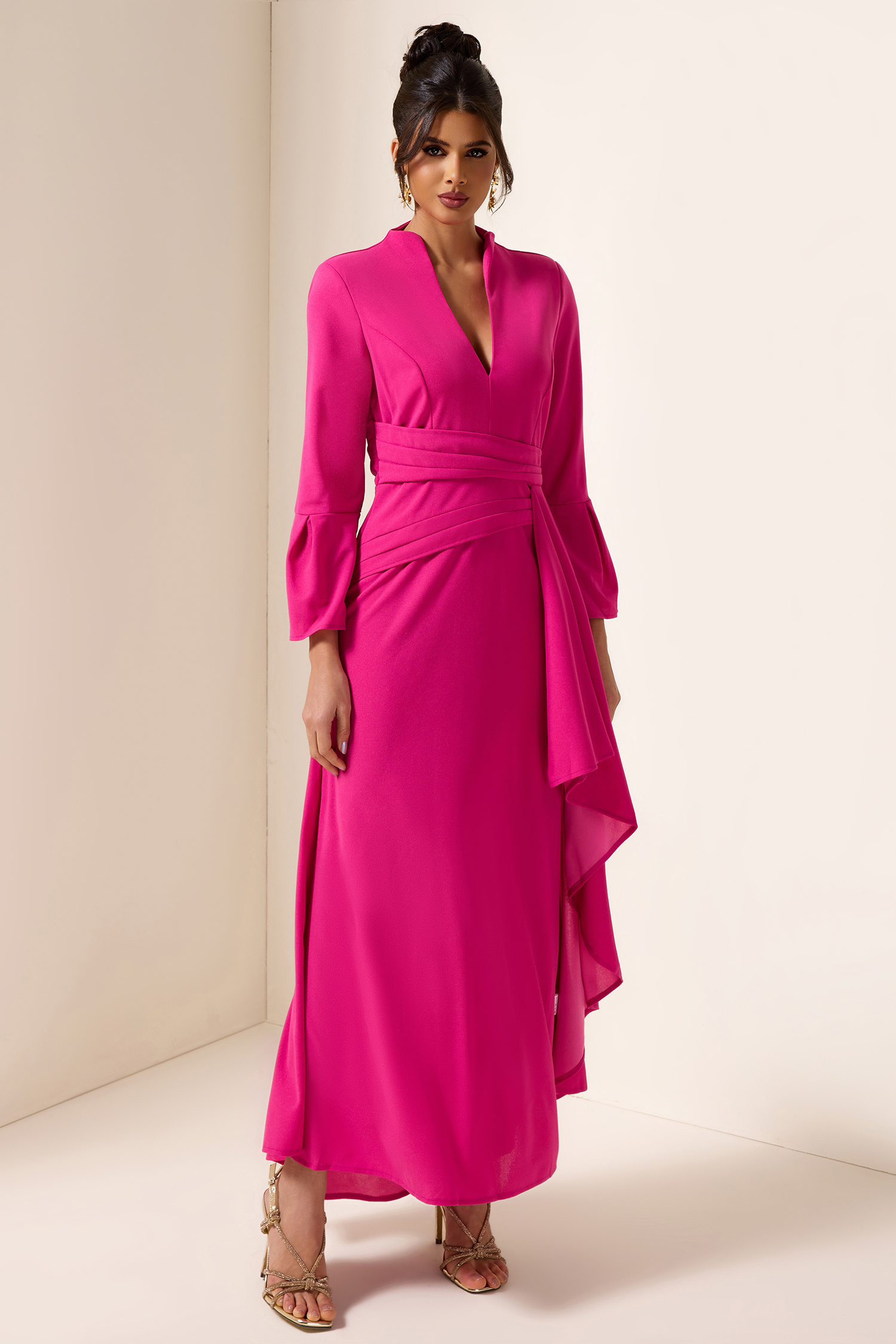 Solid Pleated Split Midi Dress