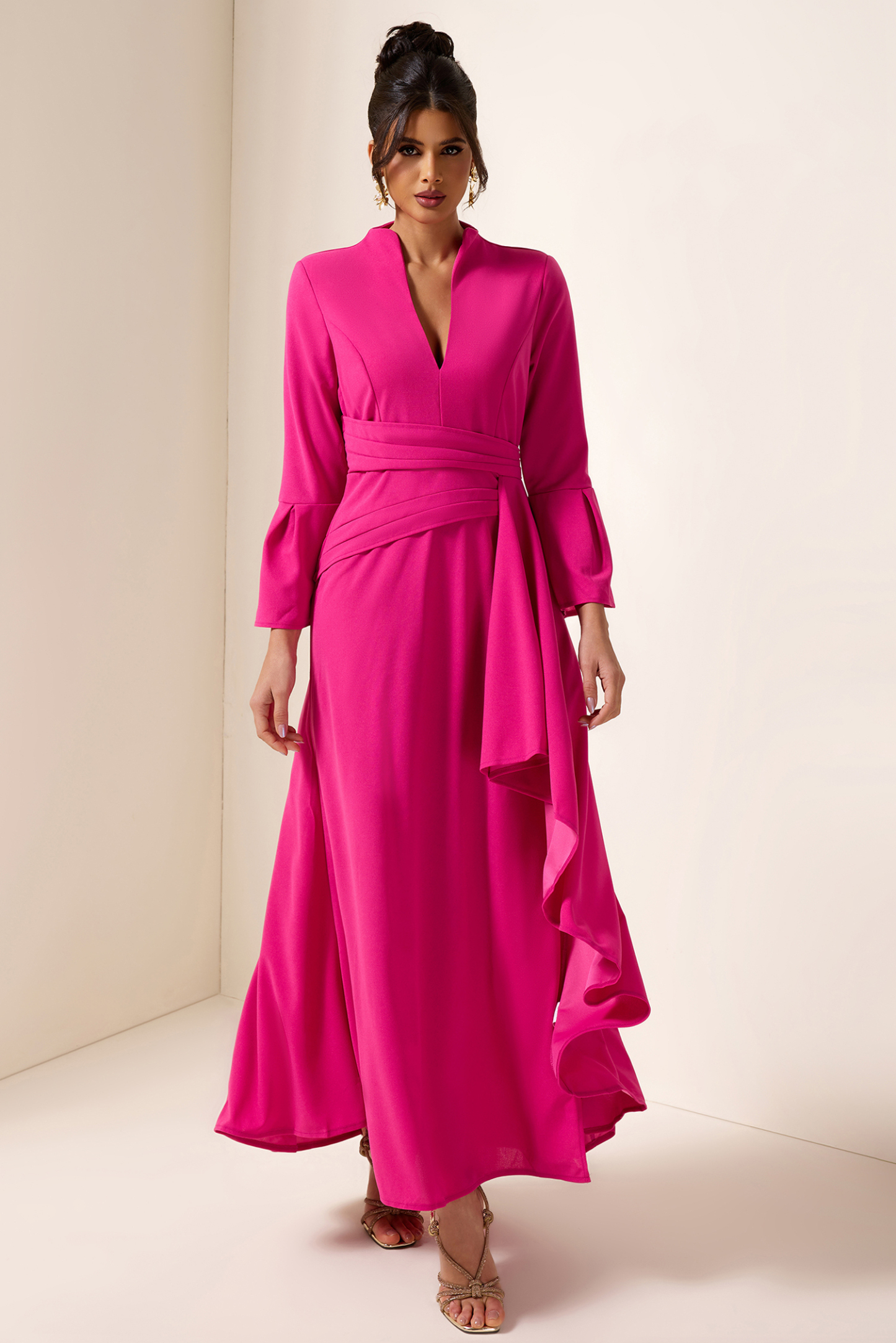 Solid Pleated Split Midi Dress