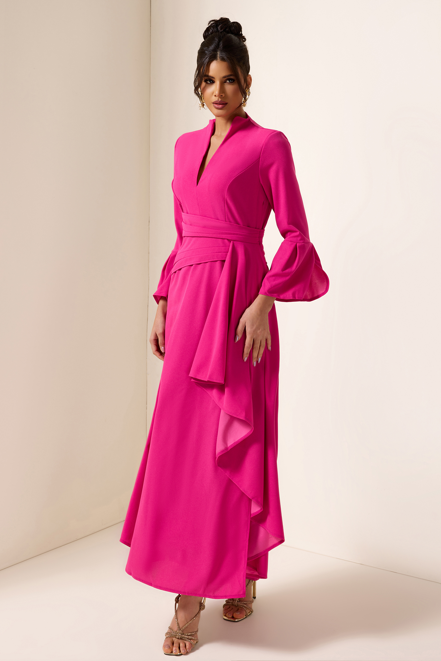 Solid Pleated Split Midi Dress