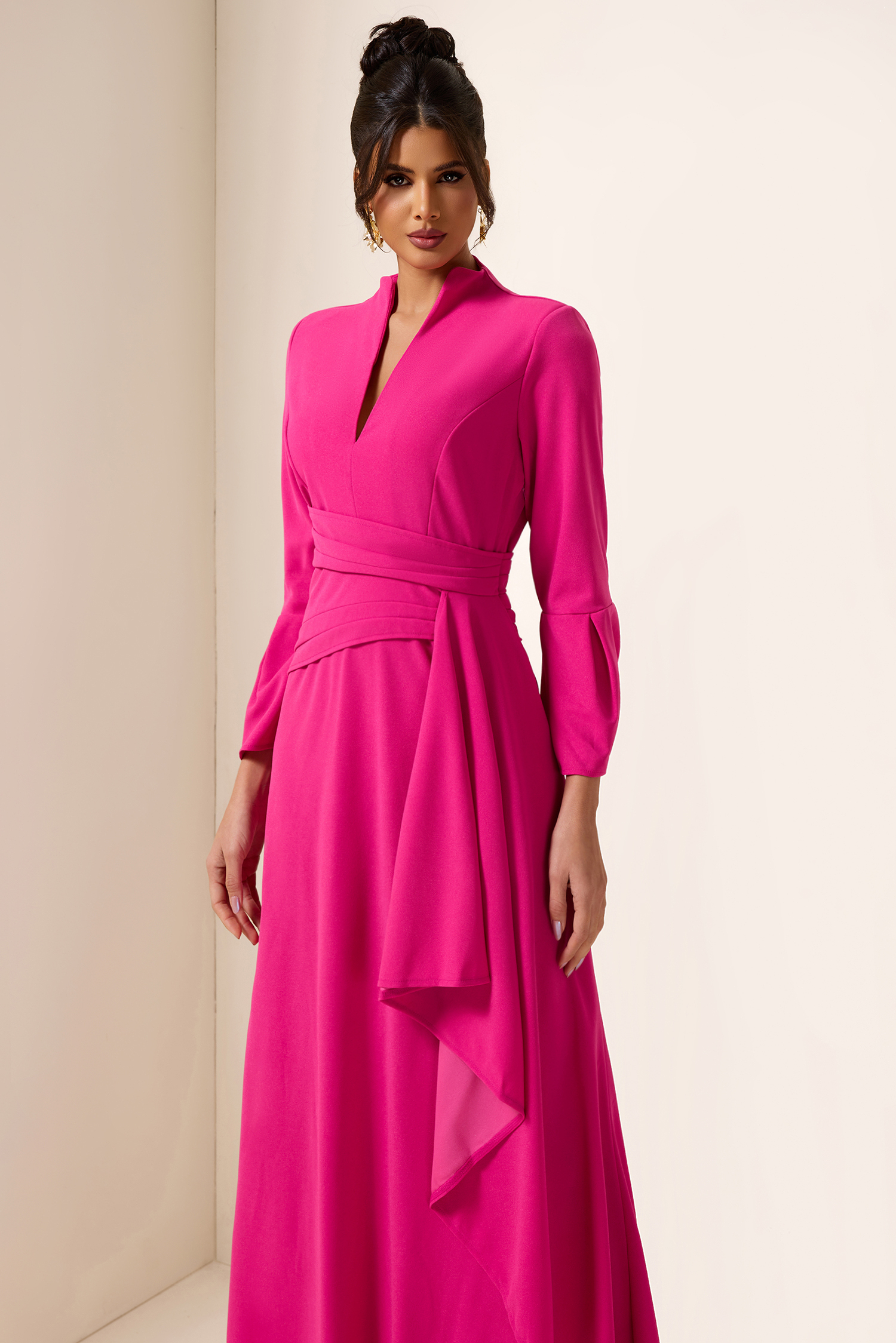 Solid Pleated Split Midi Dress