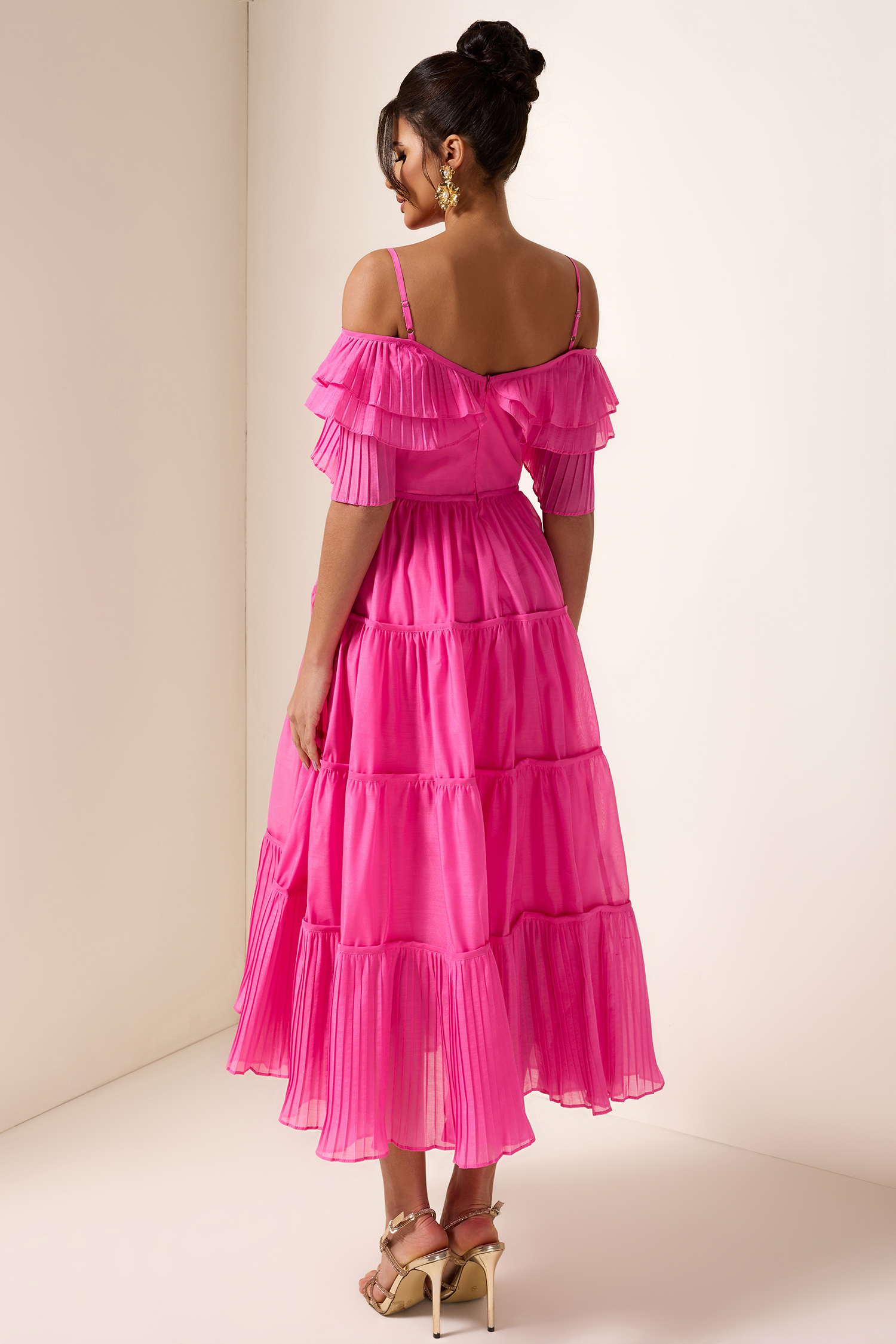 Solid Ruffle Pleat Midi Dress