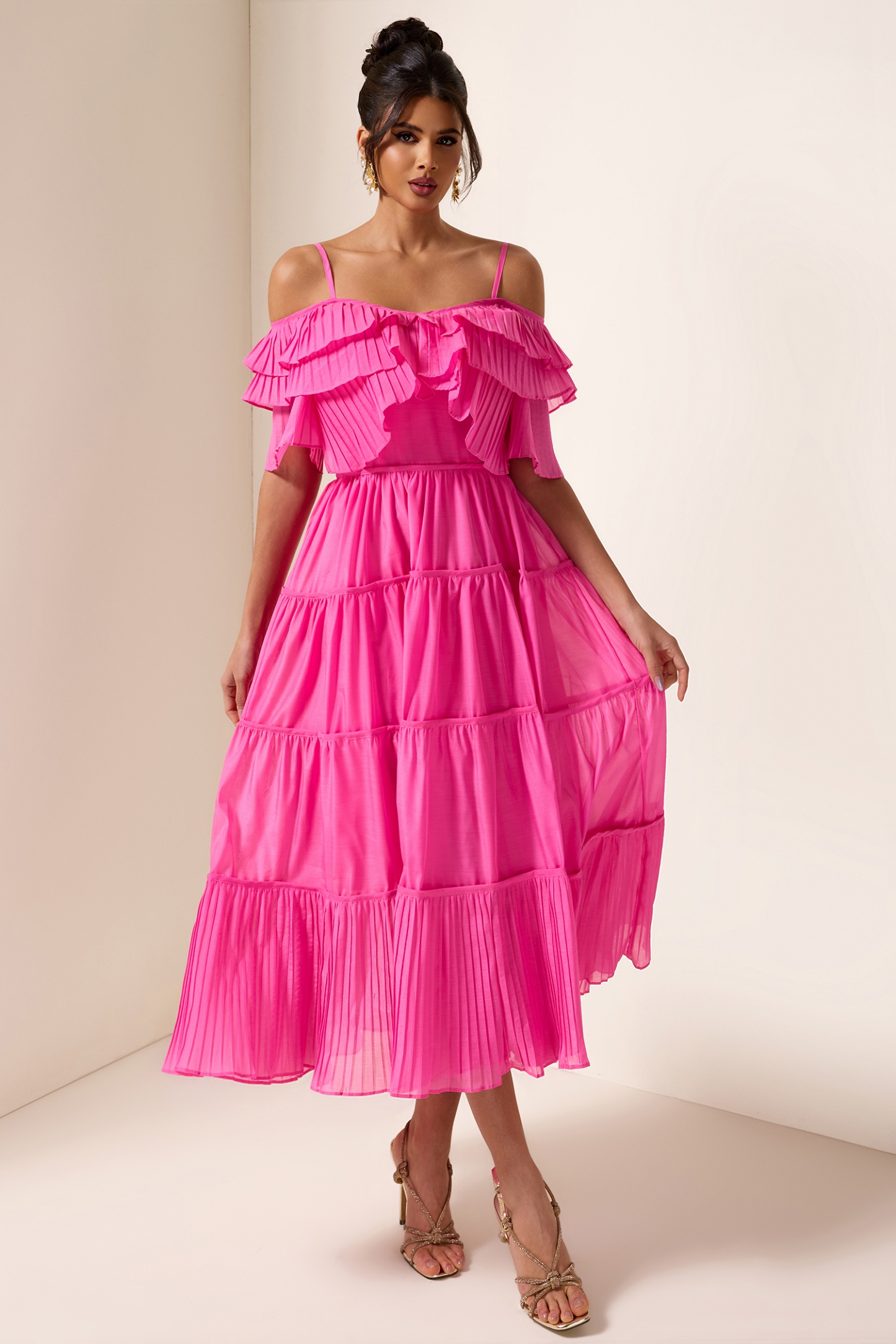 Solid Ruffle Pleat Midi Dress