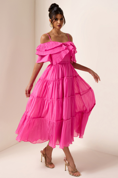 Solid Ruffle Pleat Midi Dress