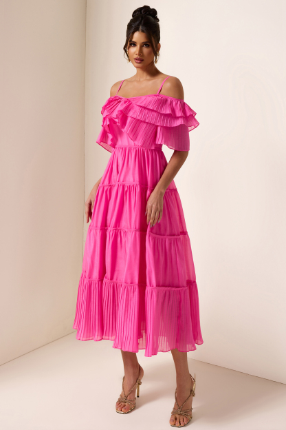 Solid Ruffle Pleat Midi Dress