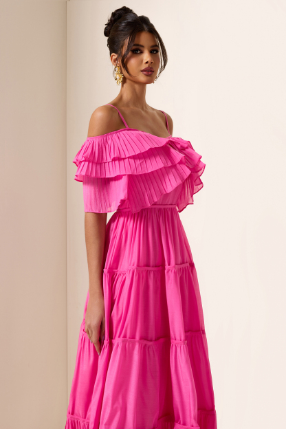 Solid Ruffle Pleat Midi Dress