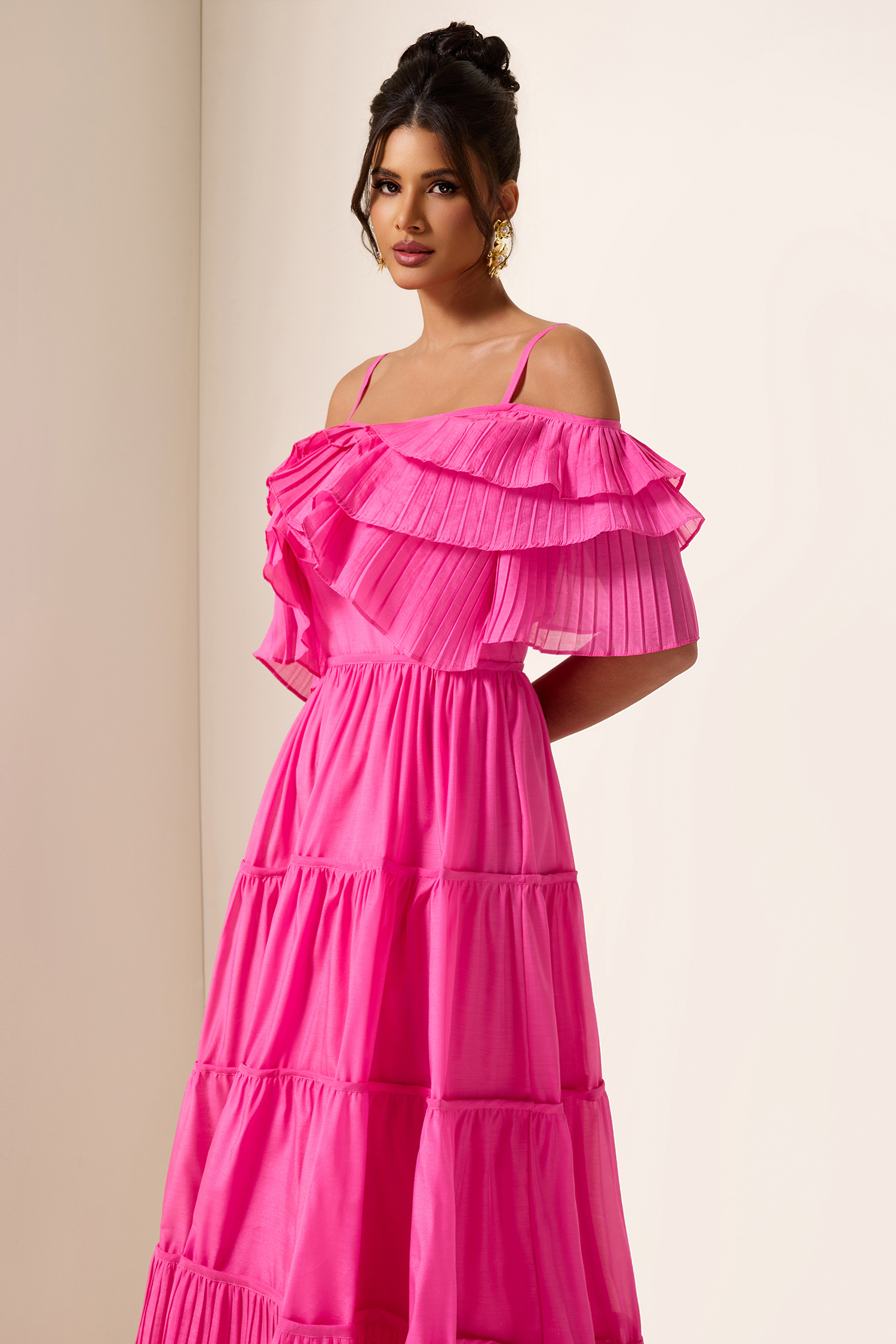 Solid Ruffle Pleat Midi Dress