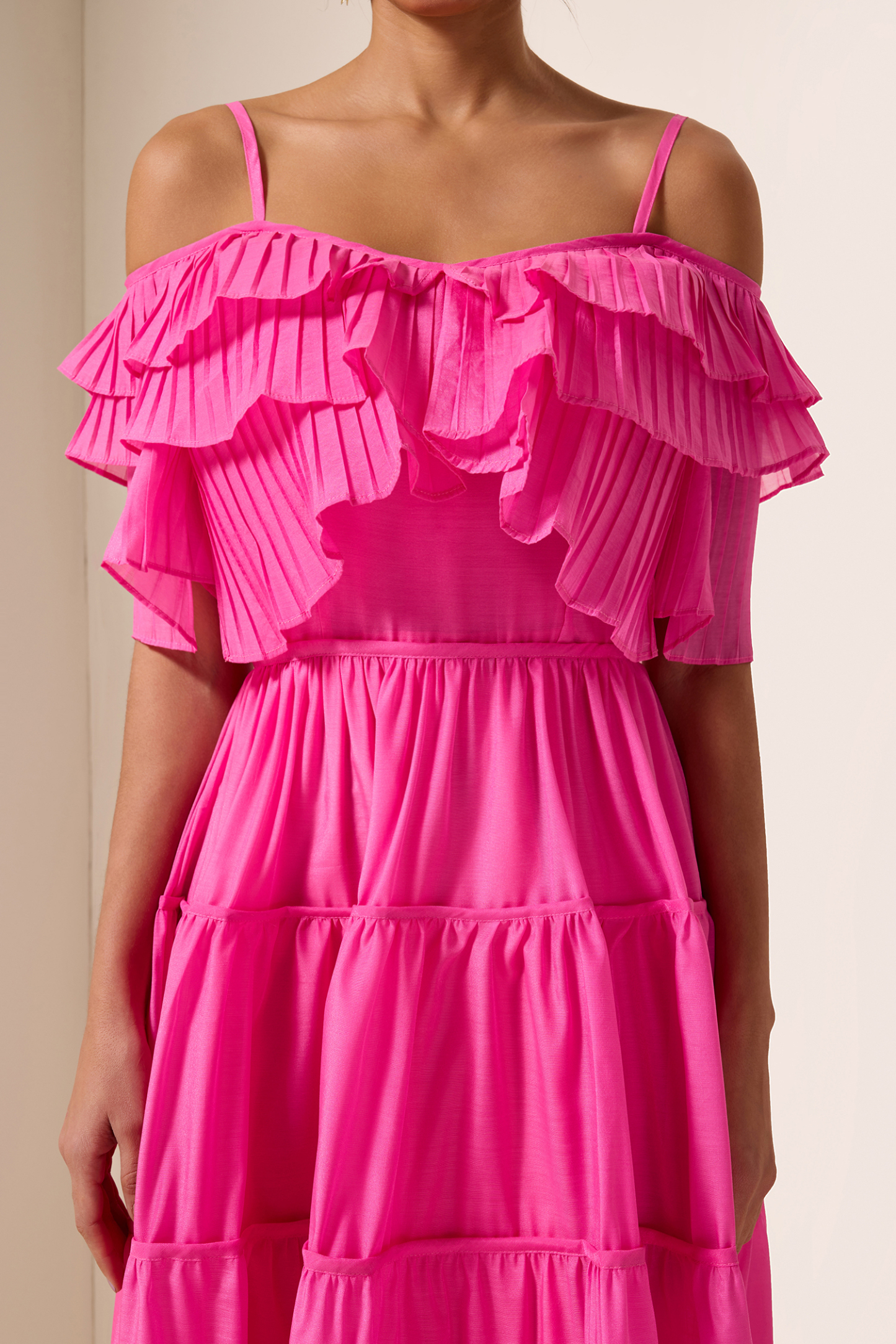 Solid Ruffle Pleat Midi Dress