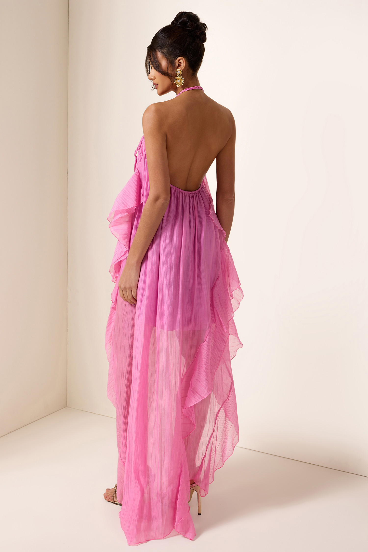 Solid Skew Collar Split Frill Midi Dress