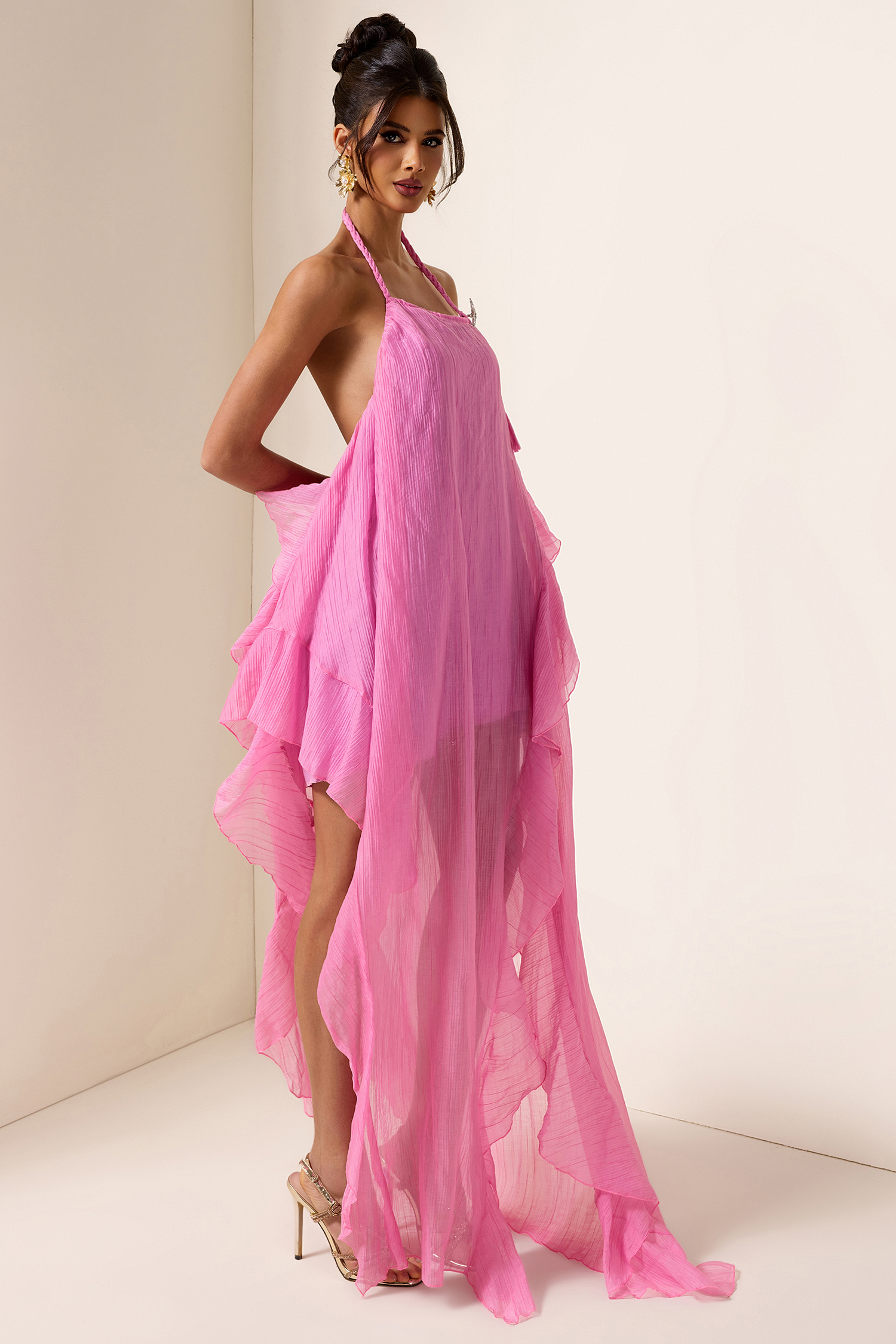 Solid Skew Collar Split Frill Midi Dress