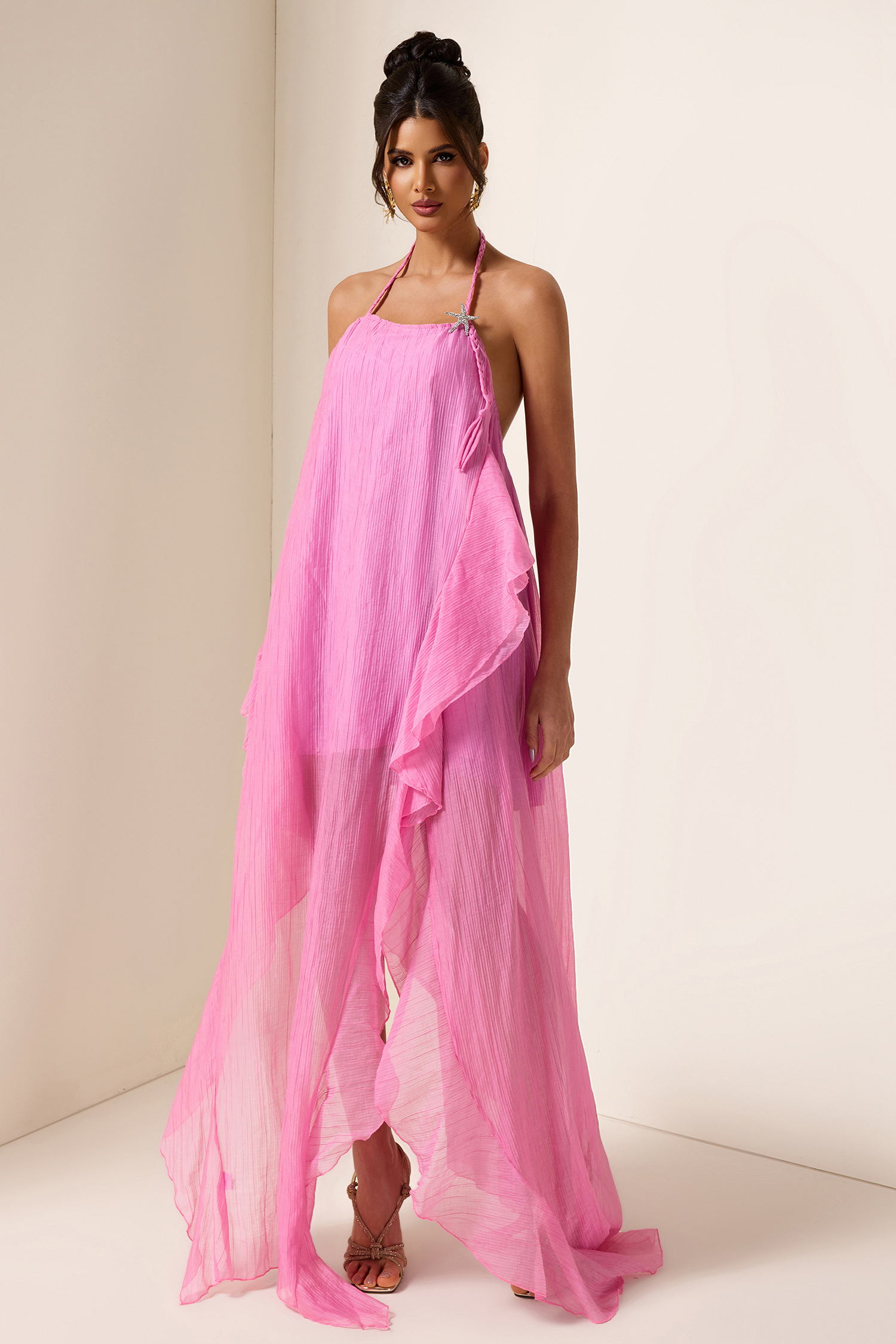 Solid Skew Collar Split Frill Midi Dress