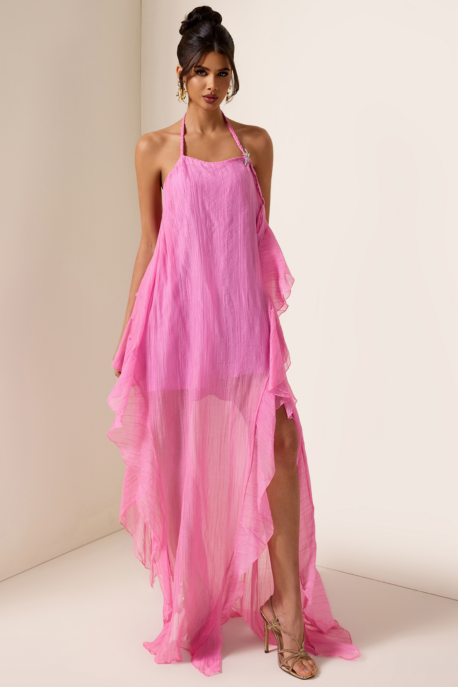 Solid Skew Collar Split Frill Midi Dress