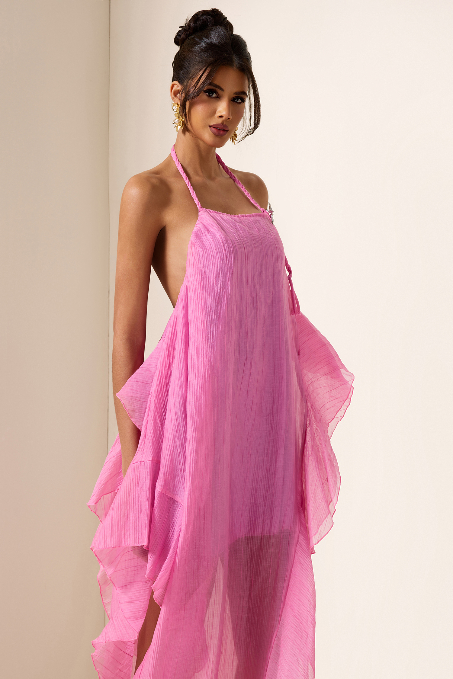 Solid Skew Collar Split Frill Midi Dress