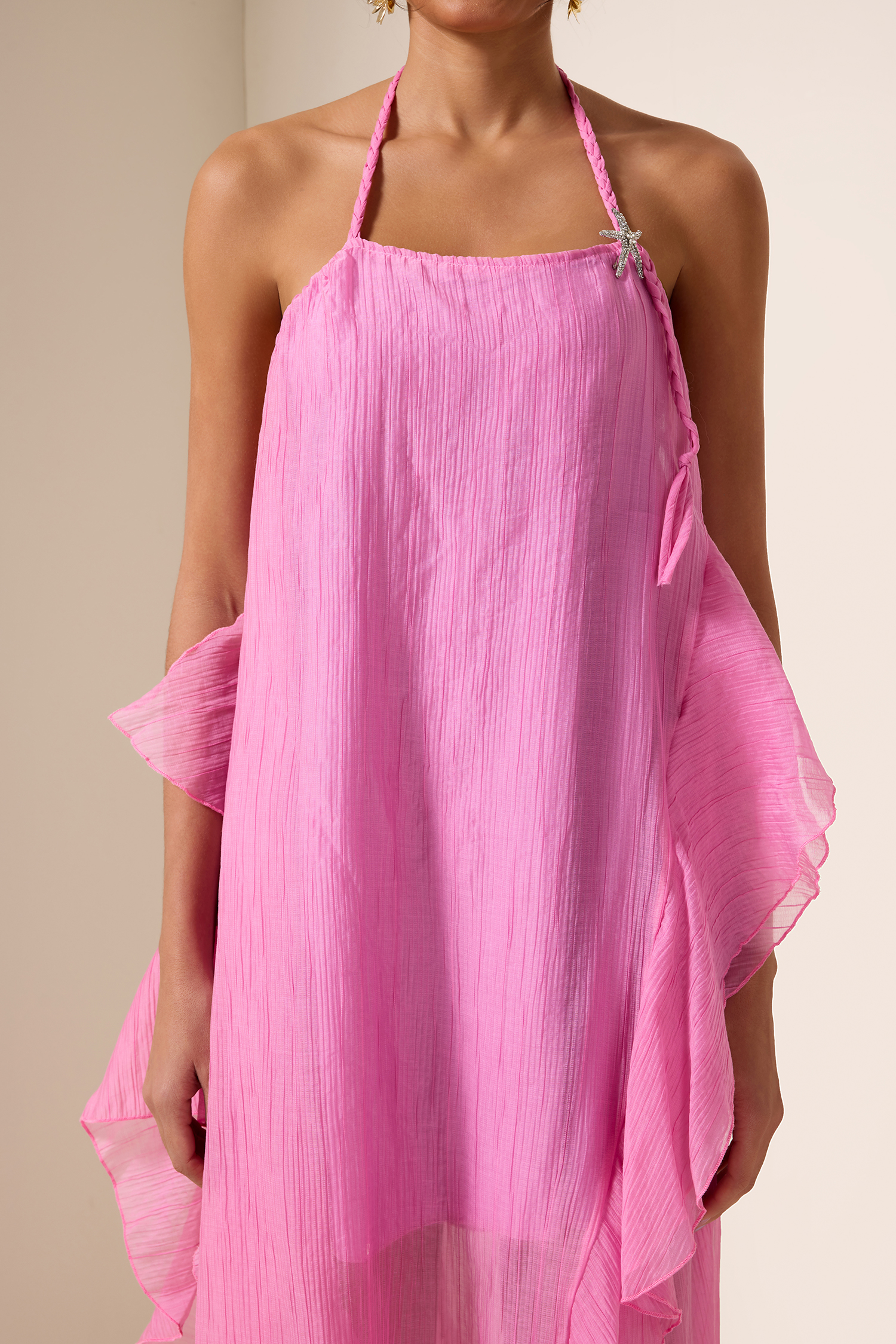 Solid Skew Collar Split Frill Midi Dress