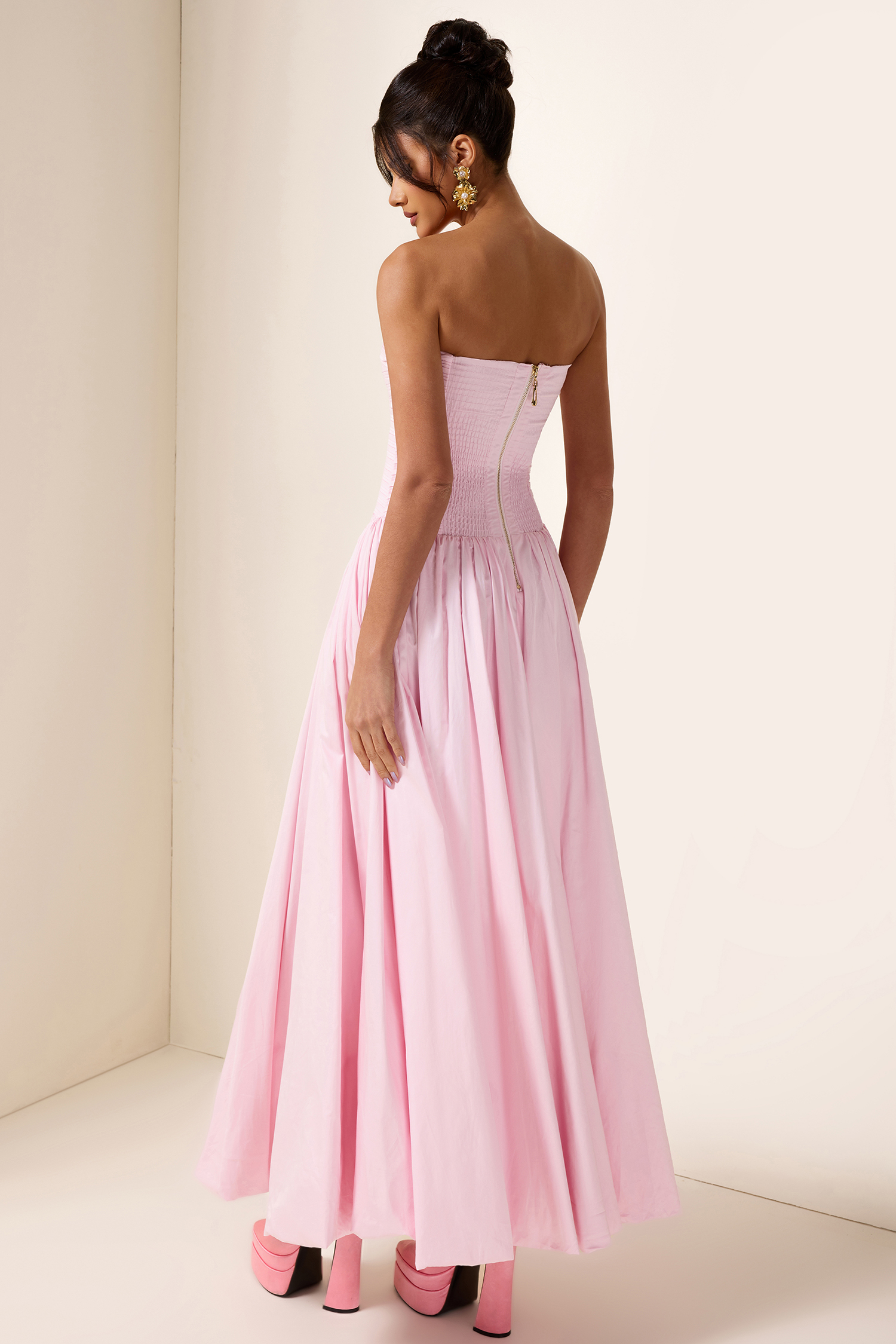 Off-Shoulder Pleat Split Solid Maxi Dress