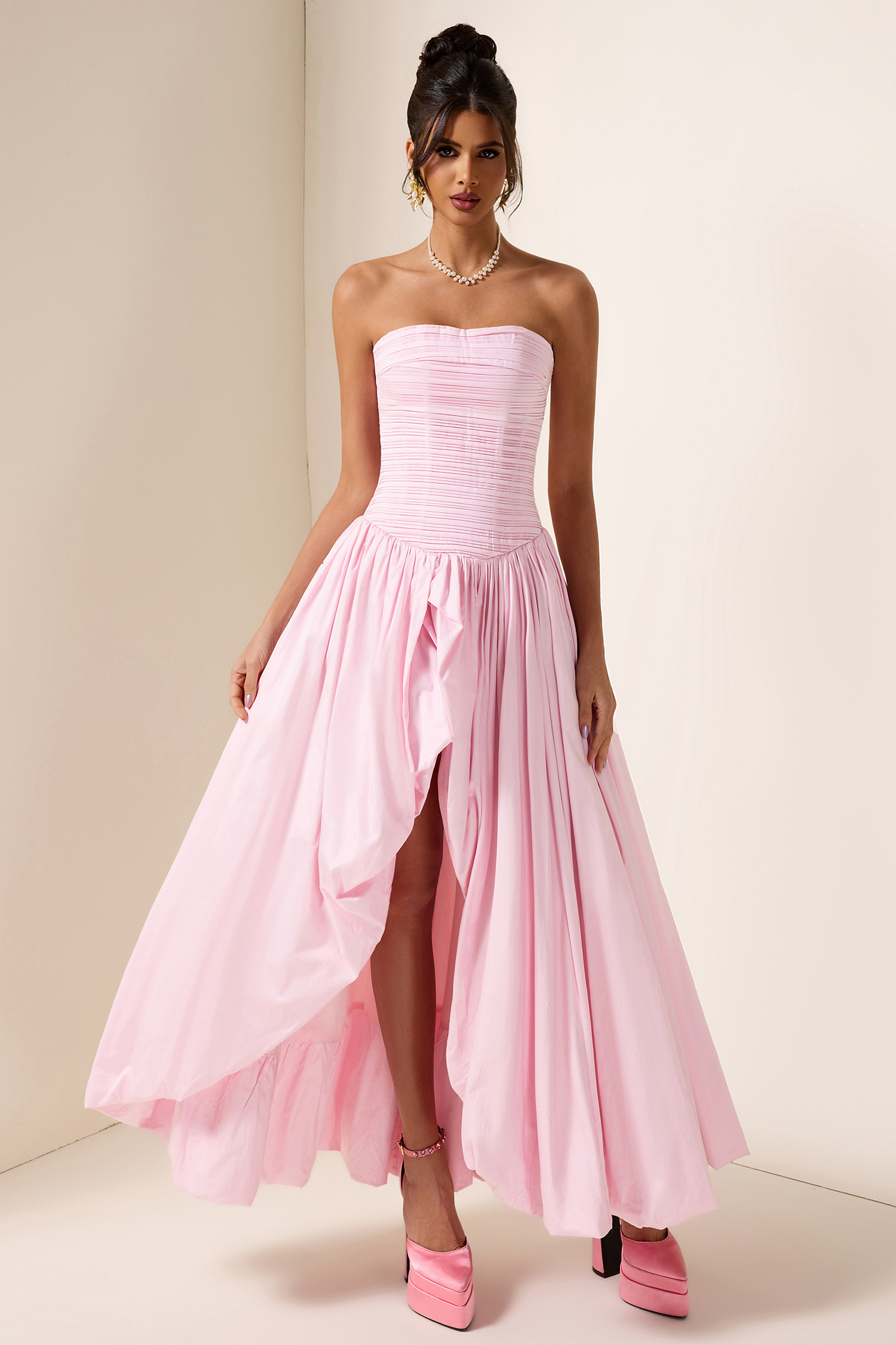 Off-Shoulder Pleat Split Solid Maxi Dress