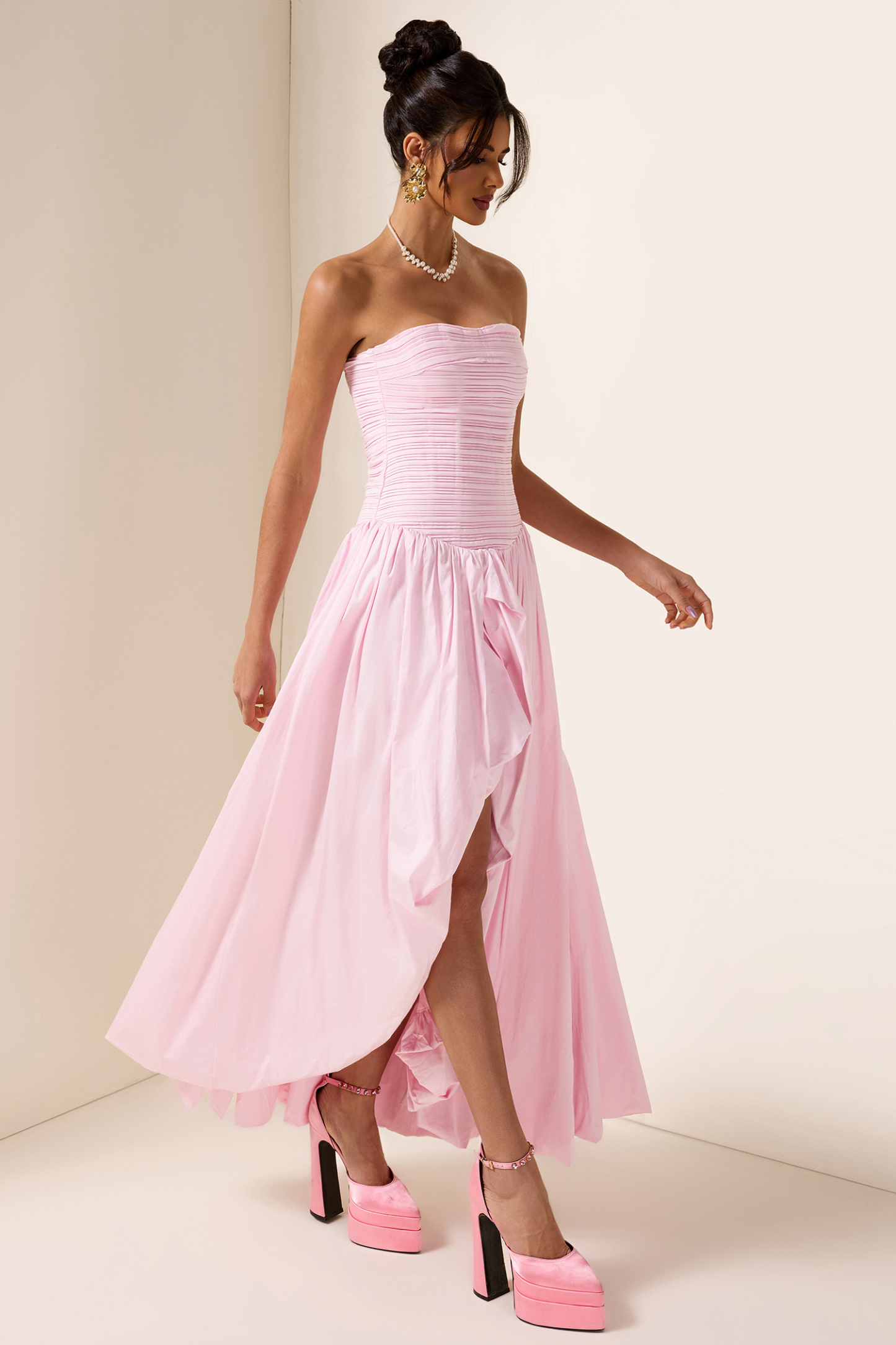 Off-Shoulder Pleat Split Solid Maxi Dress