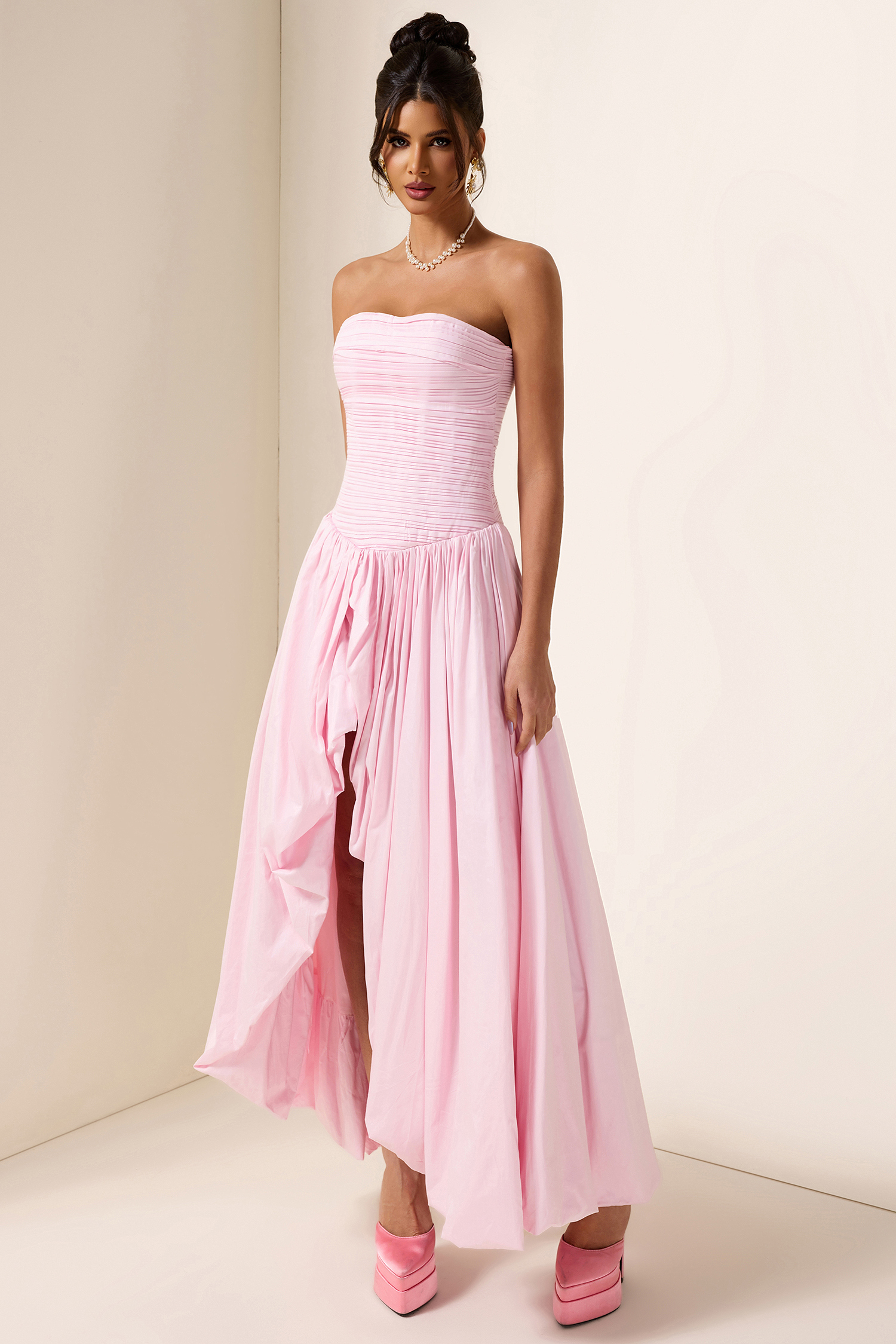 Off-Shoulder Pleat Split Solid Maxi Dress