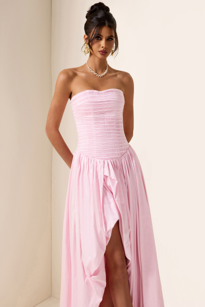 Off-Shoulder Pleat Split Solid Maxi Dress