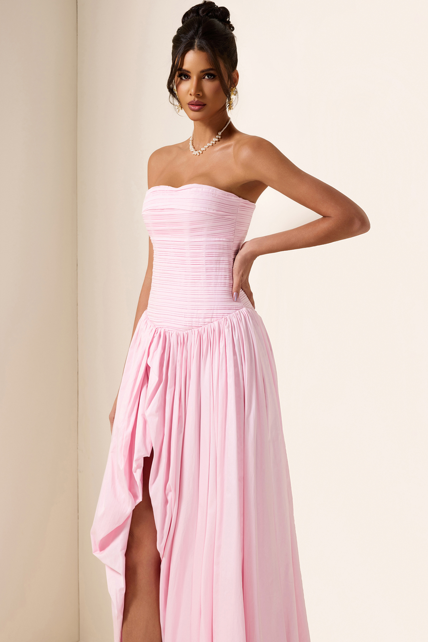 Off-Shoulder Pleat Split Solid Maxi Dress
