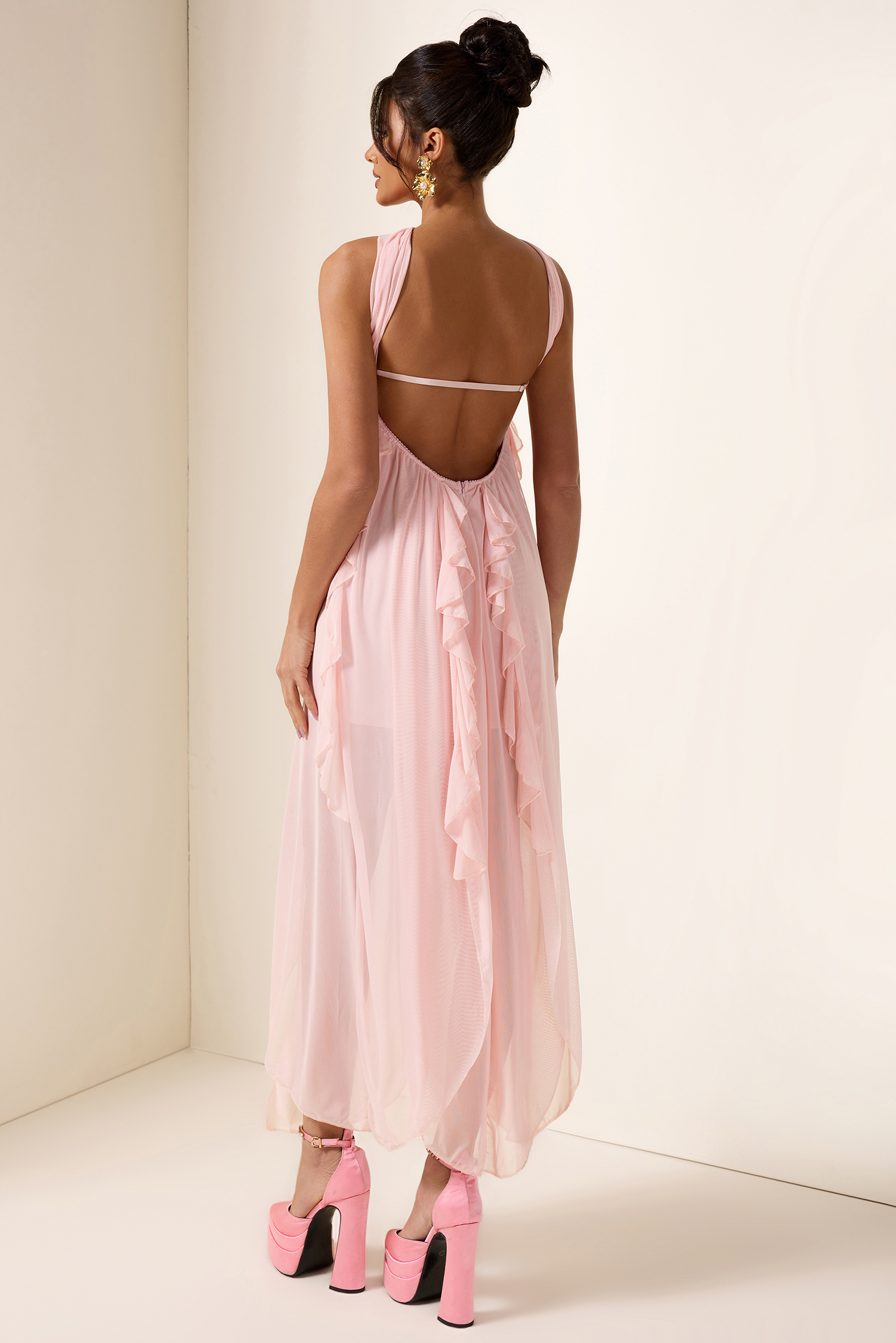Chiffon Halter Neck Frill Midi Dress