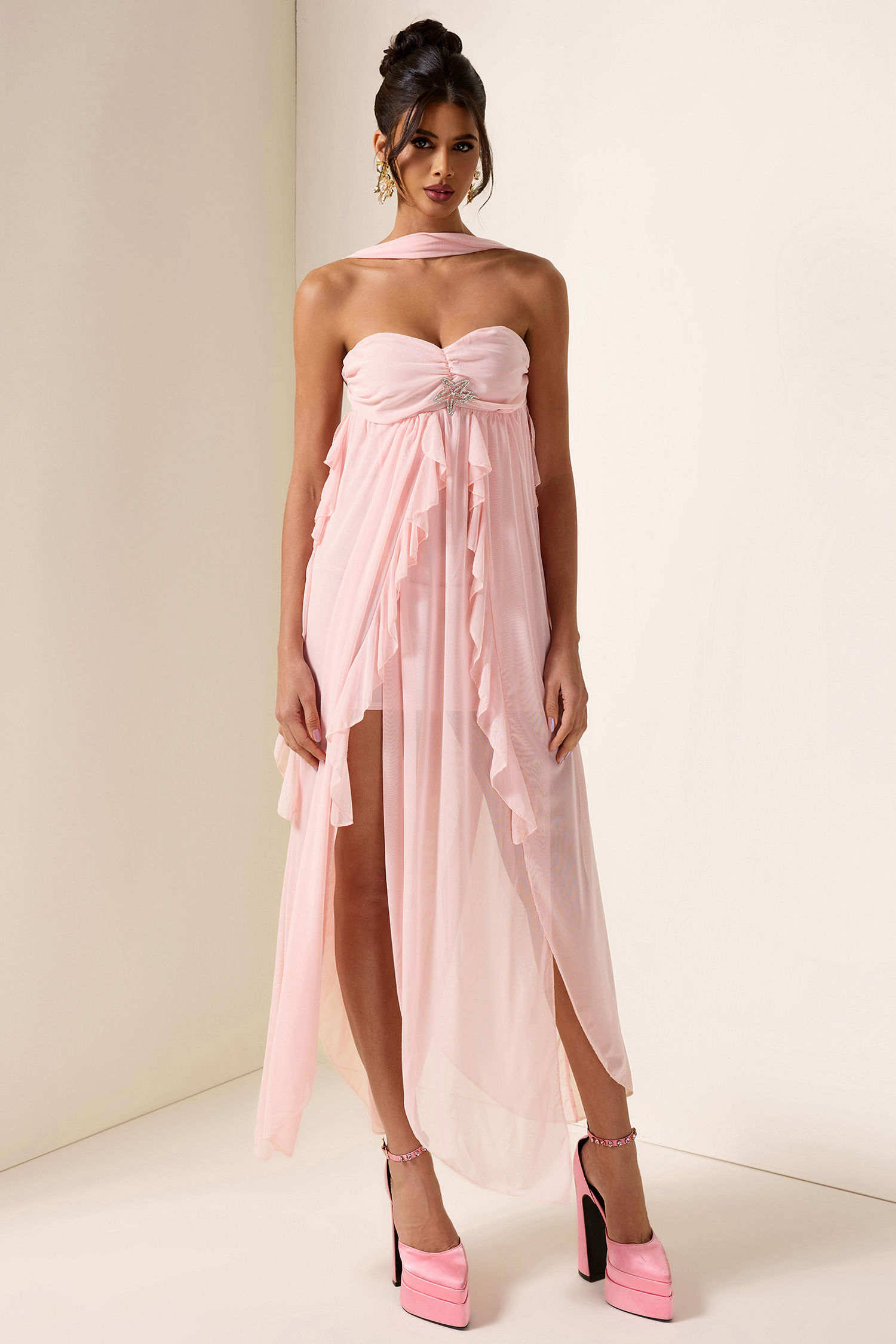 Chiffon Halter Neck Frill Midi Dress
