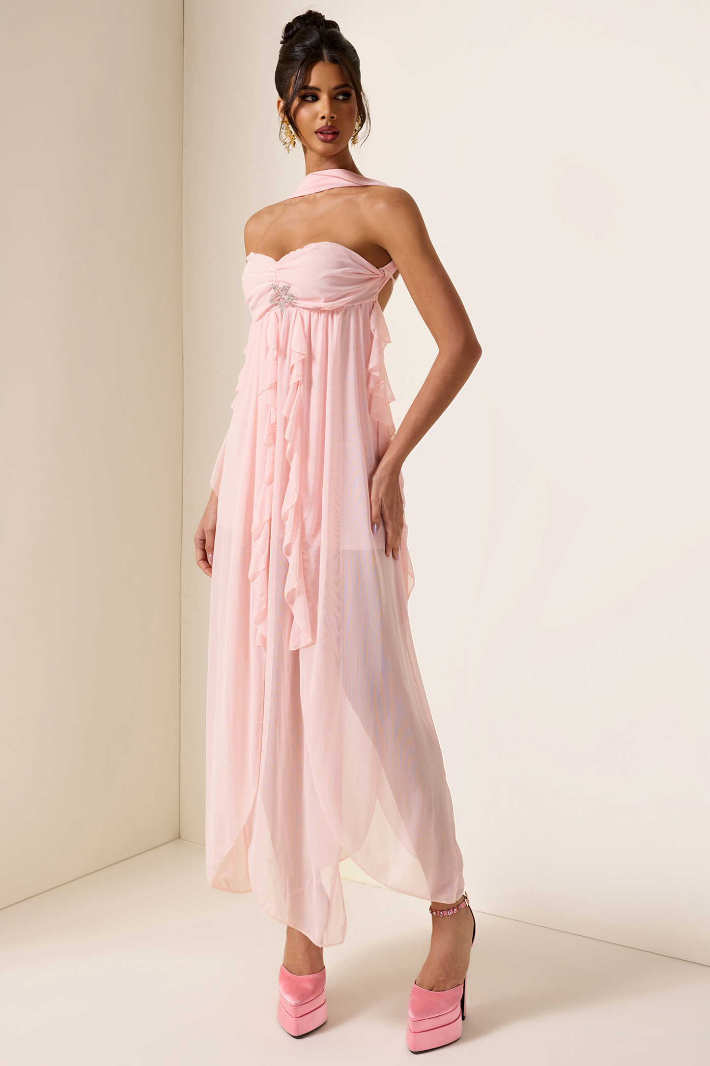 Chiffon Halter Neck Frill Midi Dress