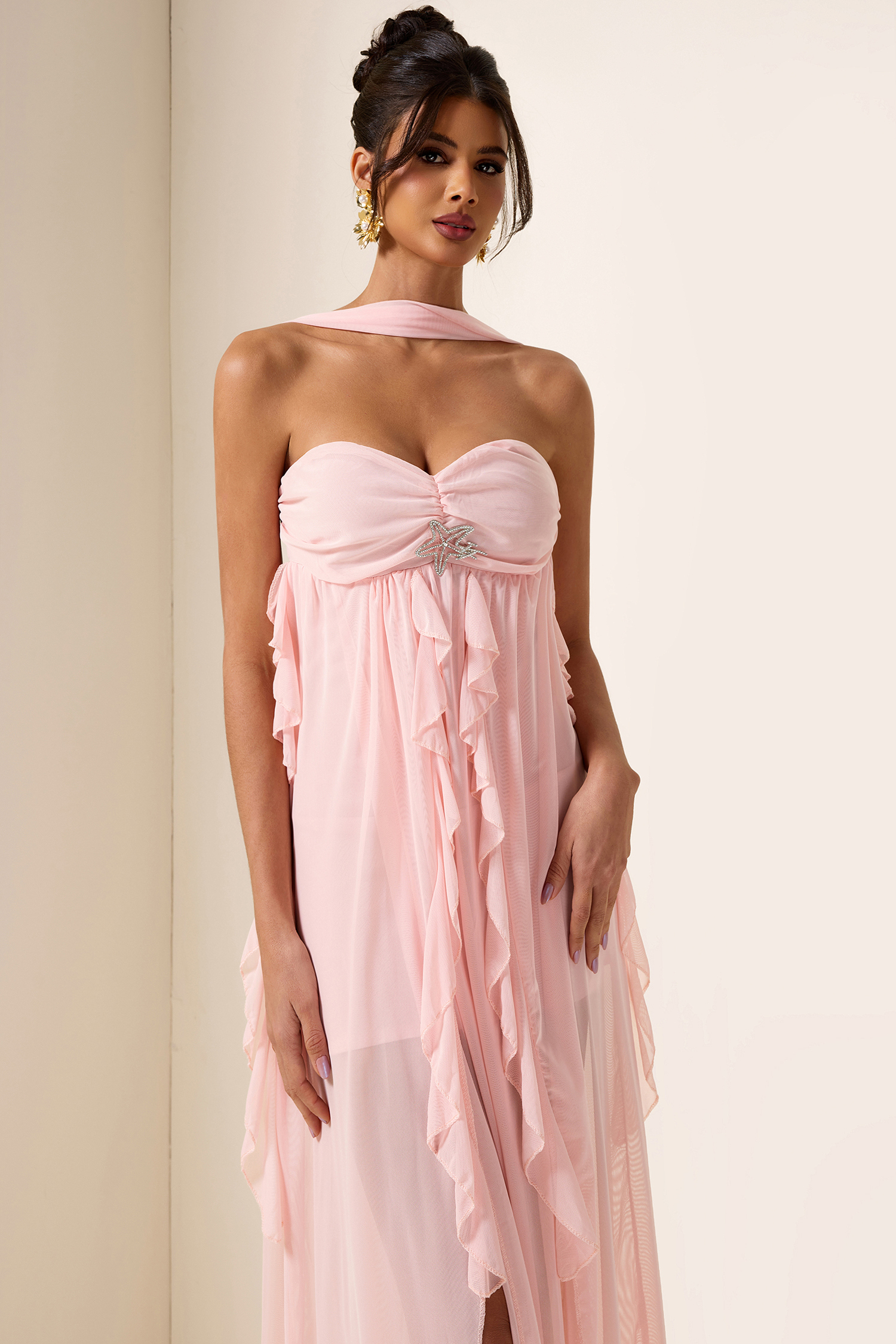 Chiffon Halter Neck Frill Midi Dress