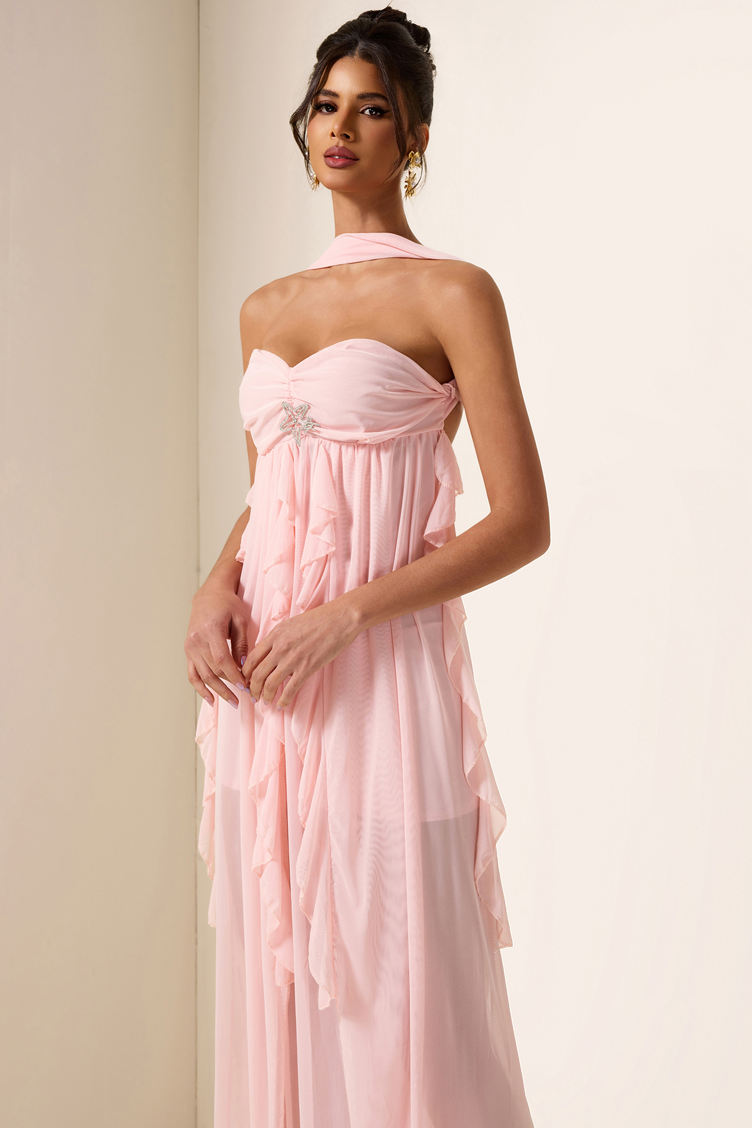 Chiffon Halter Neck Frill Midi Dress