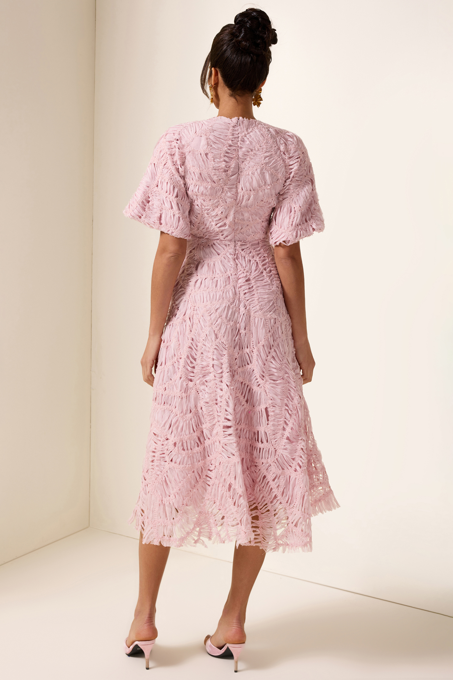 V-Neck Puff Sleeve Cut-Out Midi Dress