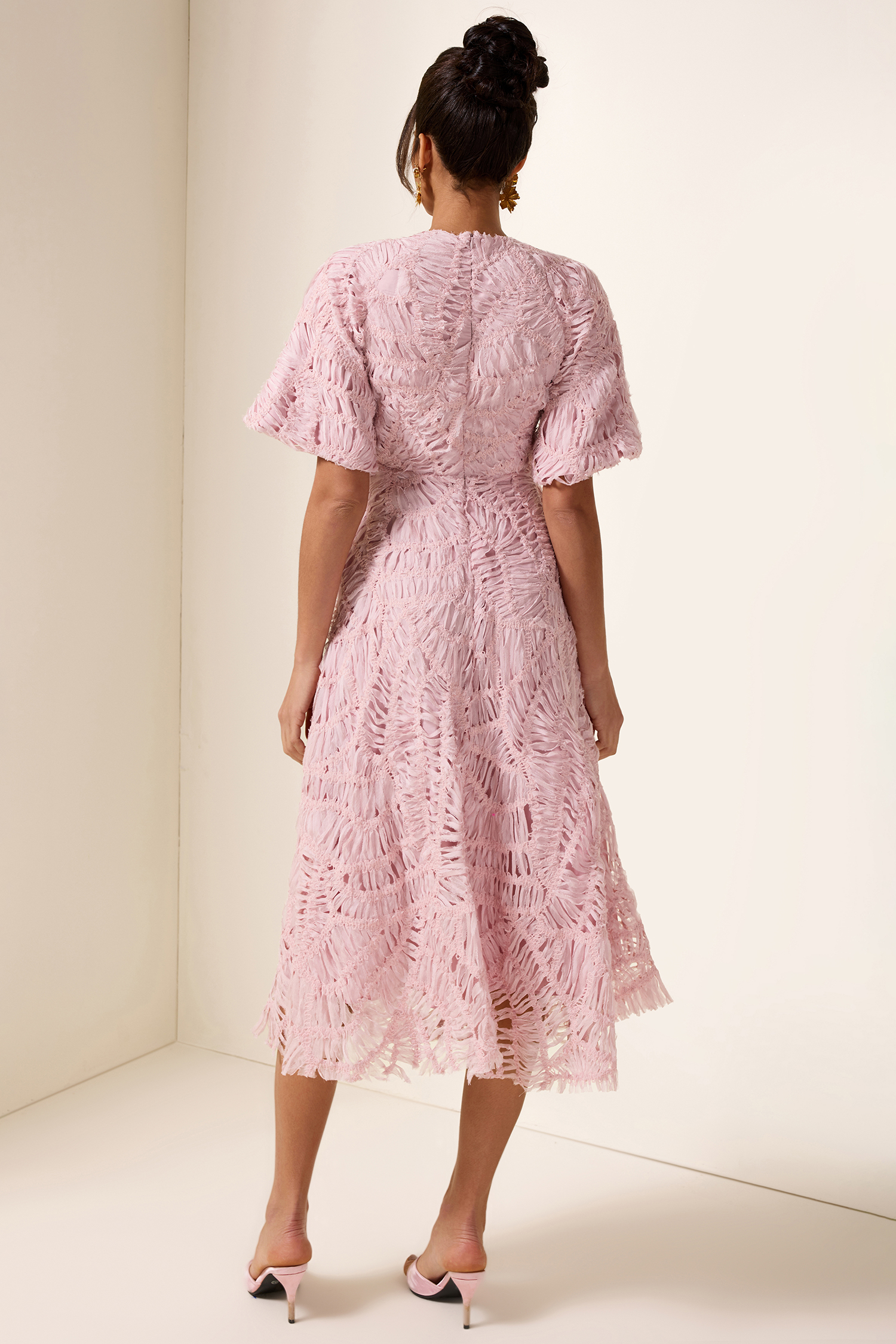 V-Neck Puff Sleeve Cut-Out Midi Dress