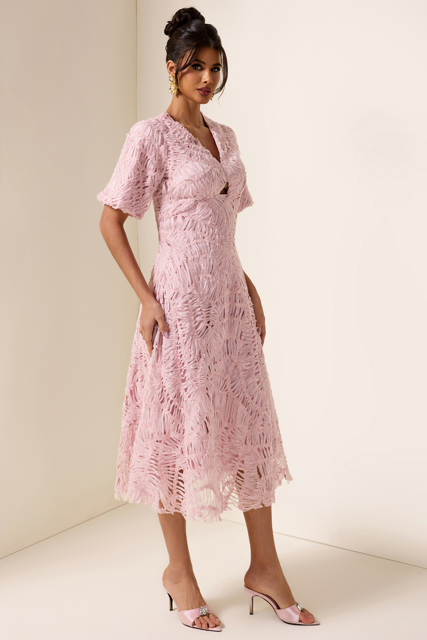 V-Neck Puff Sleeve Cut-Out Midi Dress