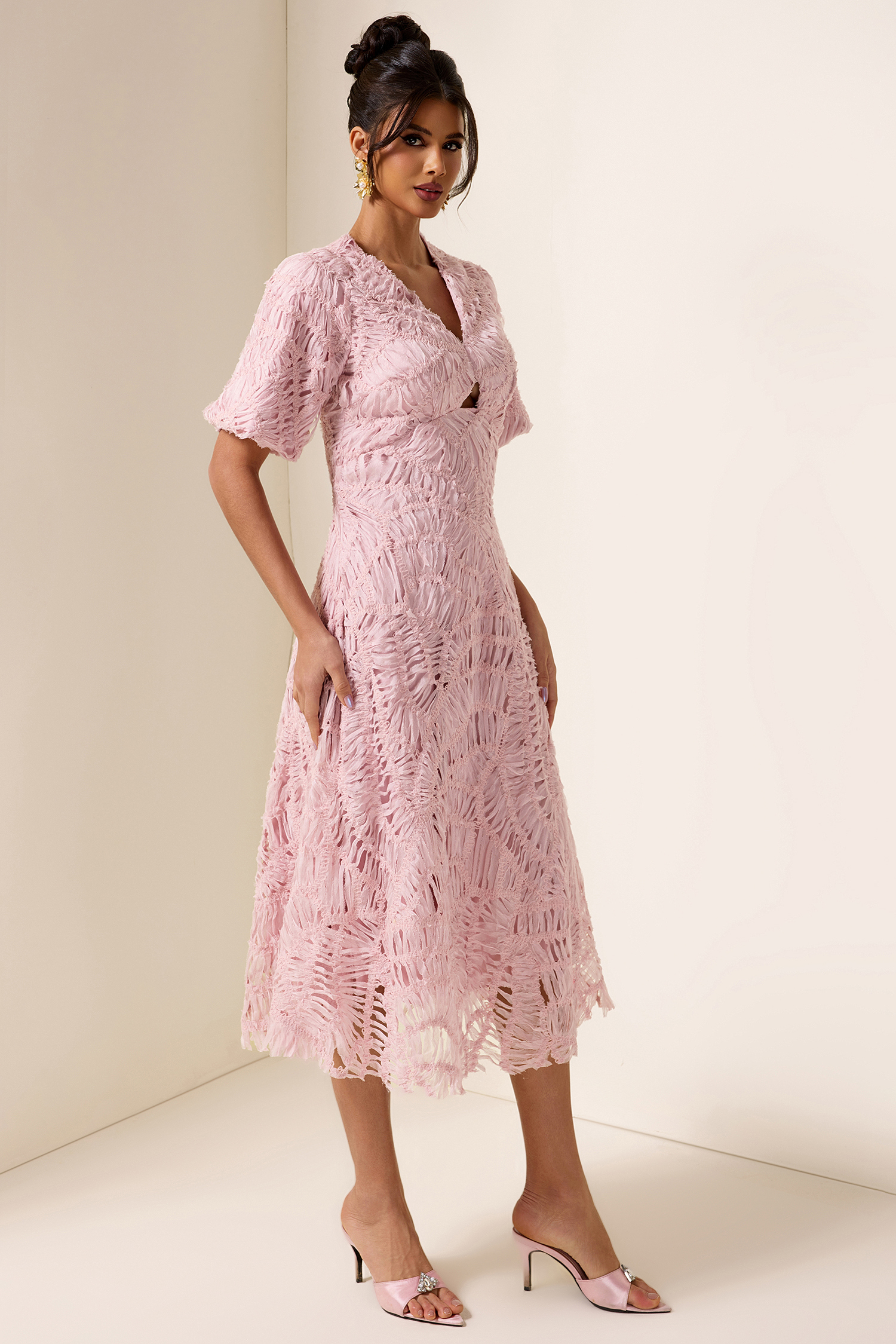 V-Neck Puff Sleeve Cut-Out Midi Dress