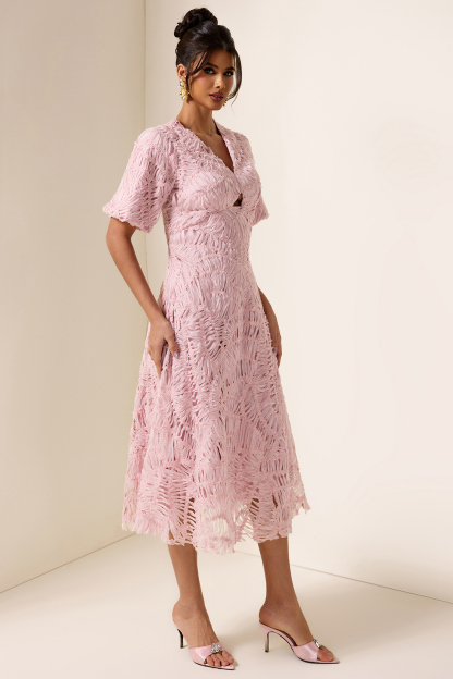 V-Neck Puff Sleeve Cut-Out Midi Dress