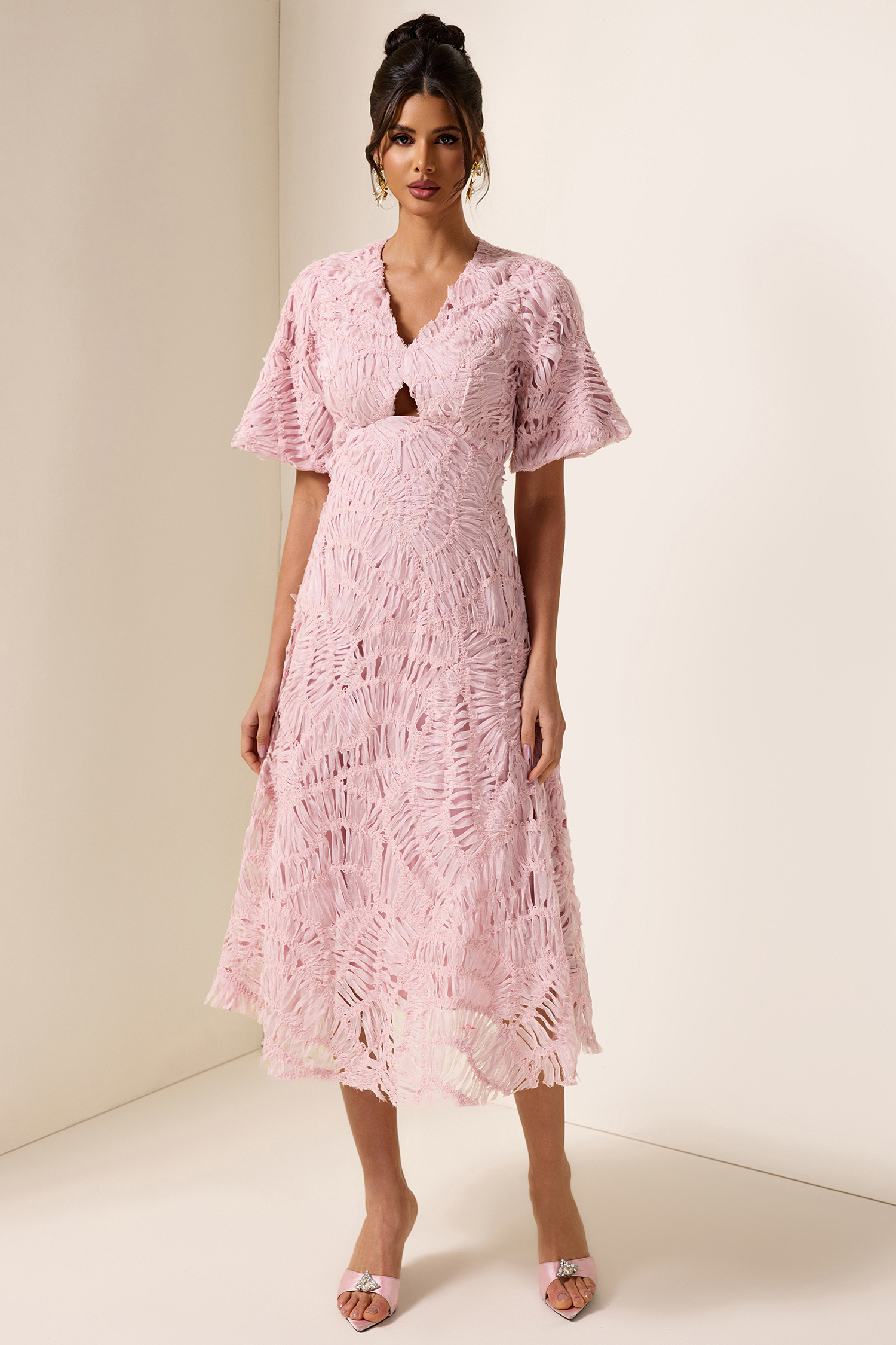 V-Neck Puff Sleeve Cut-Out Midi Dress