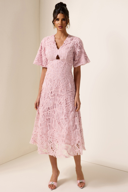 V-Neck Puff Sleeve Cut-Out Midi Dress