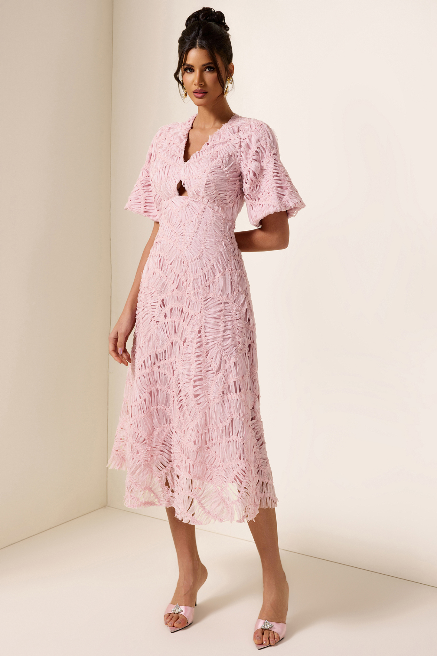 V-Neck Puff Sleeve Cut-Out Midi Dress