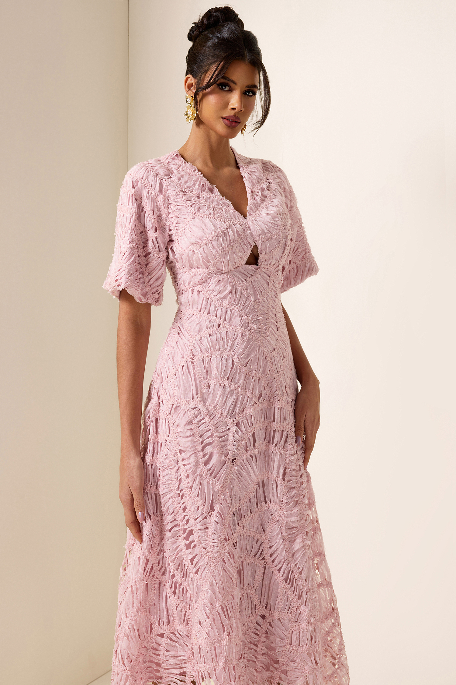 V-Neck Puff Sleeve Cut-Out Midi Dress