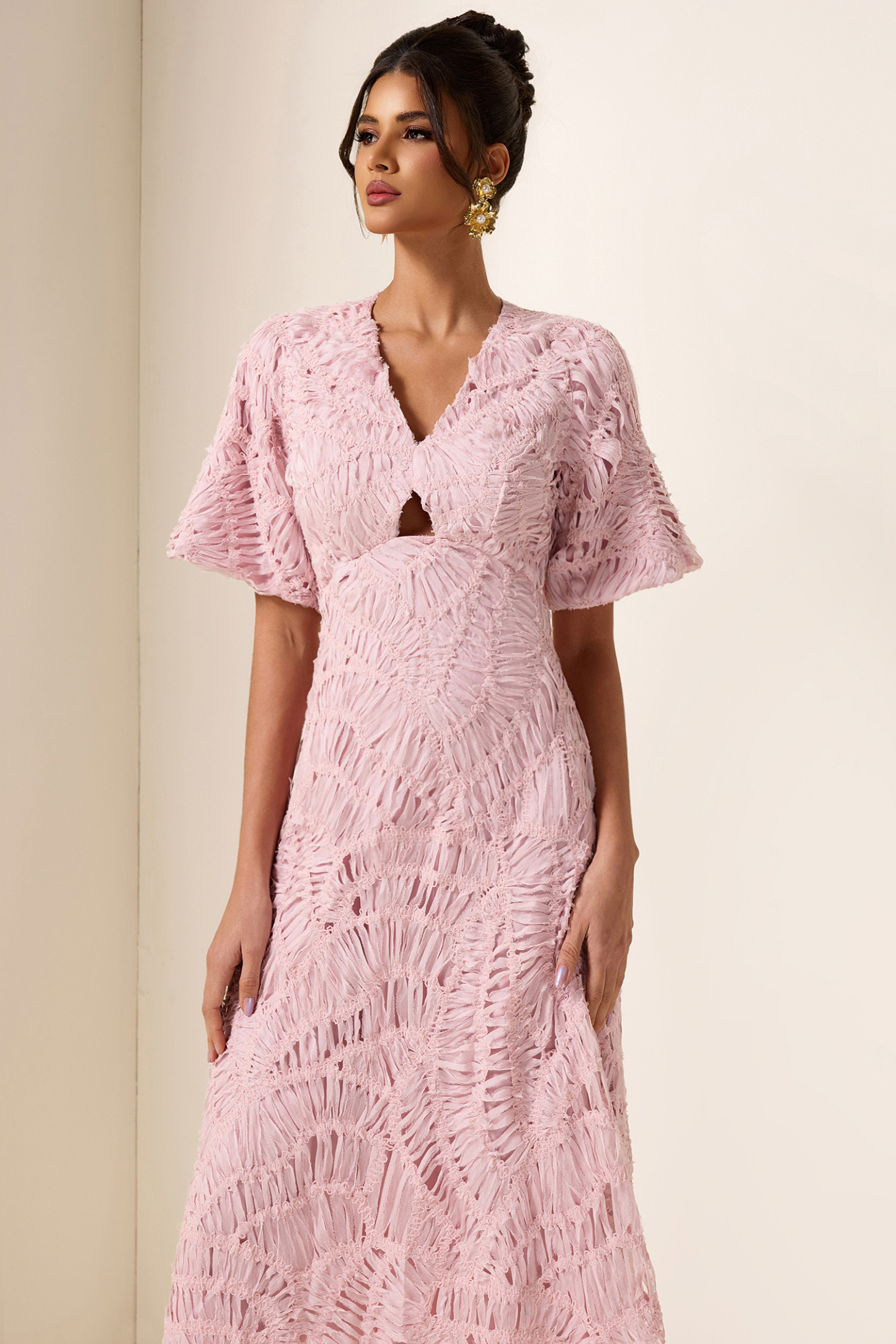 V-Neck Puff Sleeve Cut-Out Midi Dress