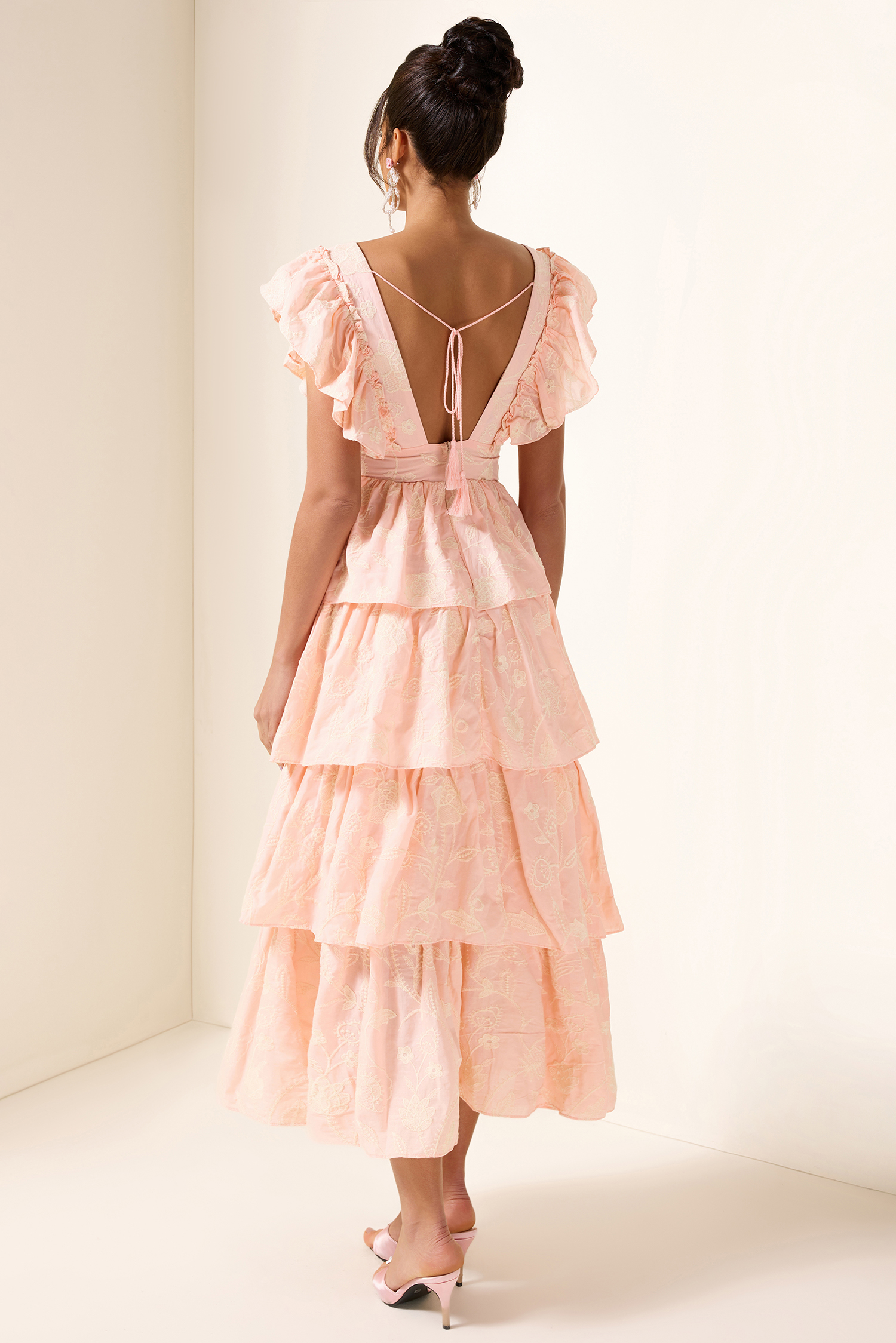 Embroidered Ruffle Sleeveless Midi Dress