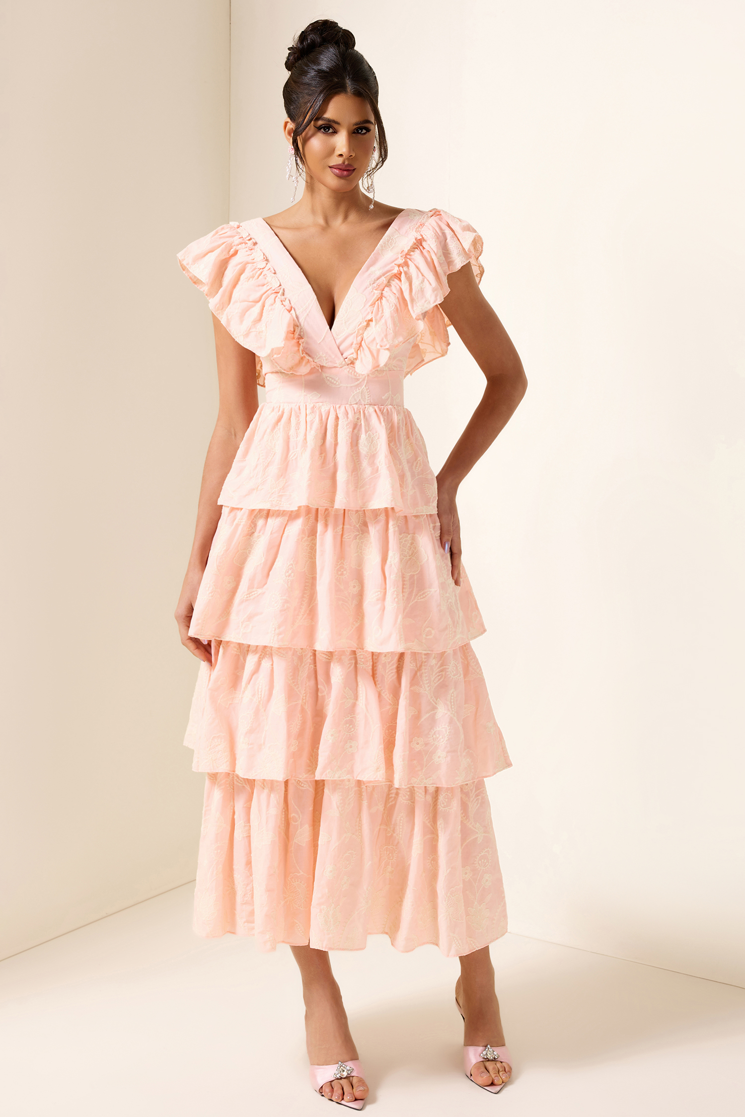 Embroidered Ruffle Sleeveless Midi Dress