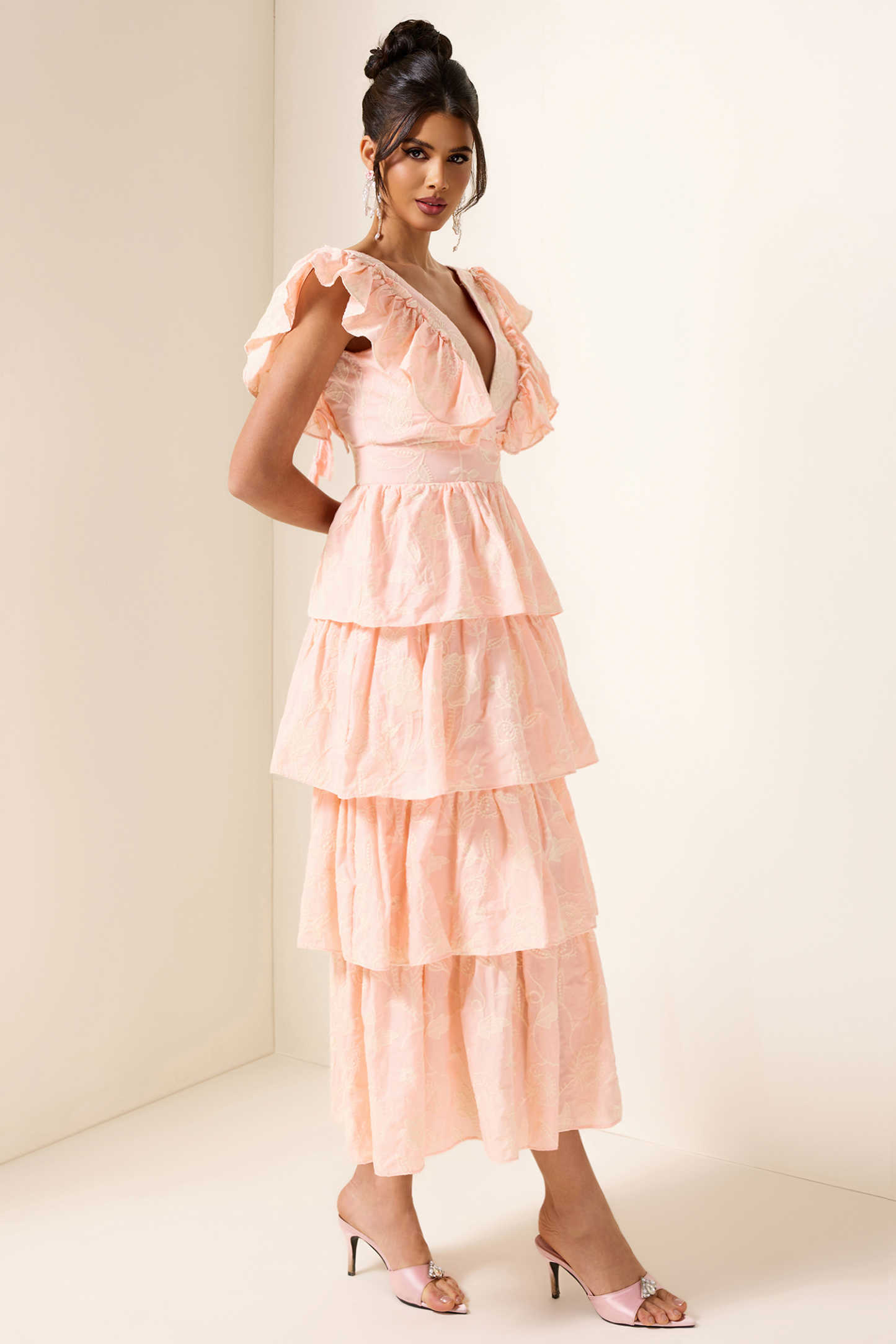 Embroidered Ruffle Sleeveless Midi Dress