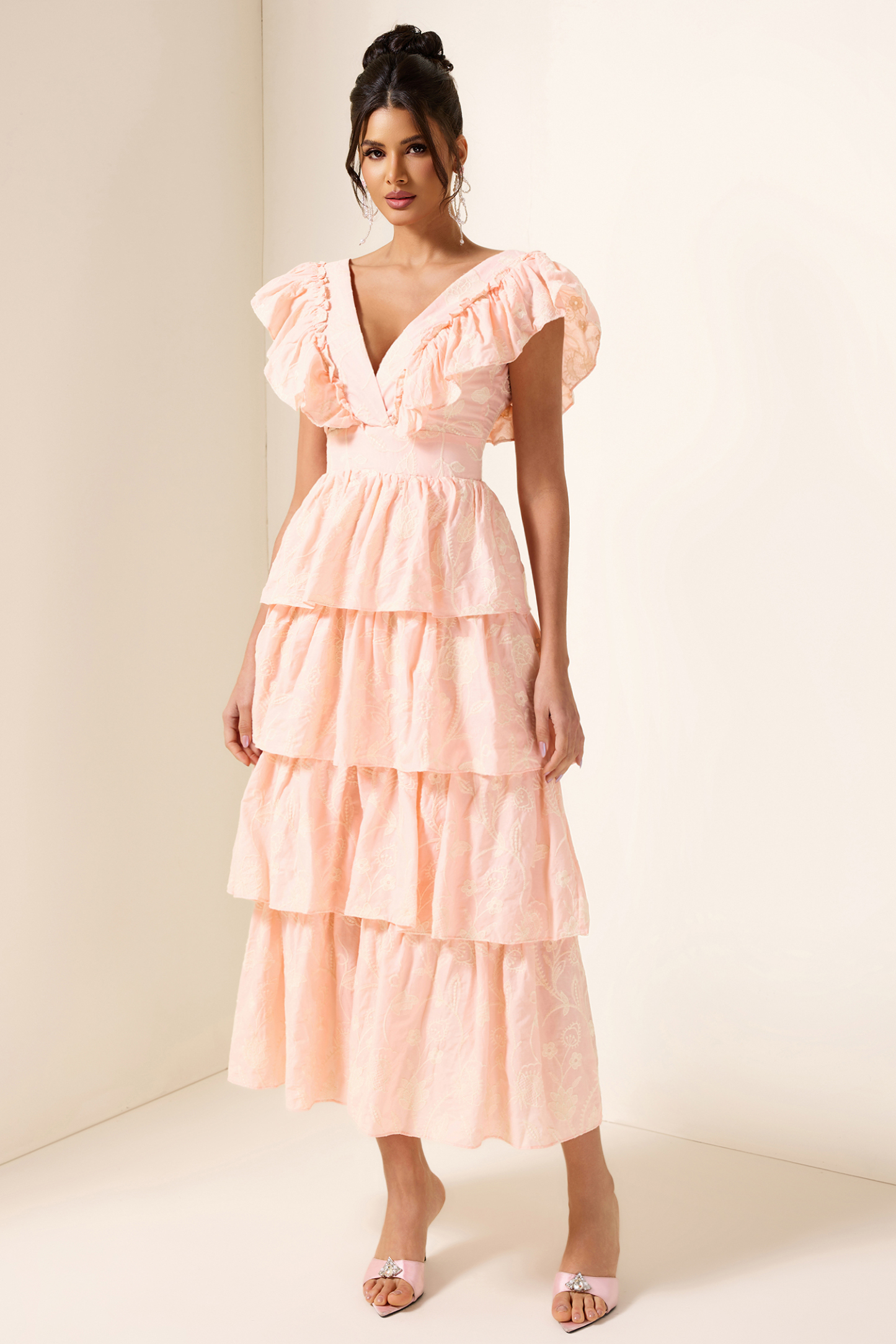 Embroidered Ruffle Sleeveless Midi Dress