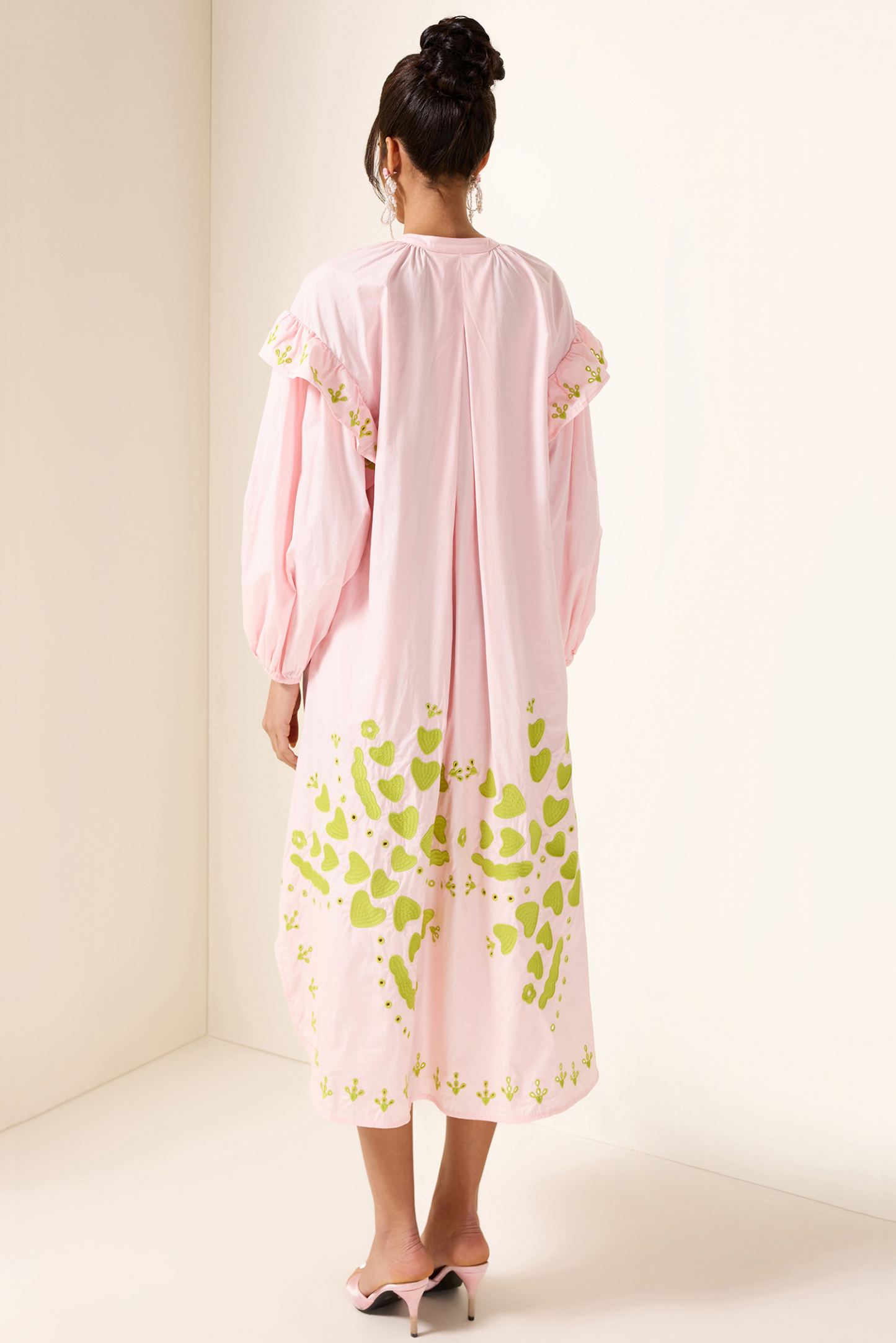 Embroidered Lantern Sleeve Heart Print Midi Dress