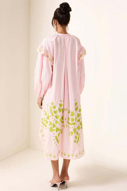 Embroidered Lantern Sleeve Heart Print Midi Dress