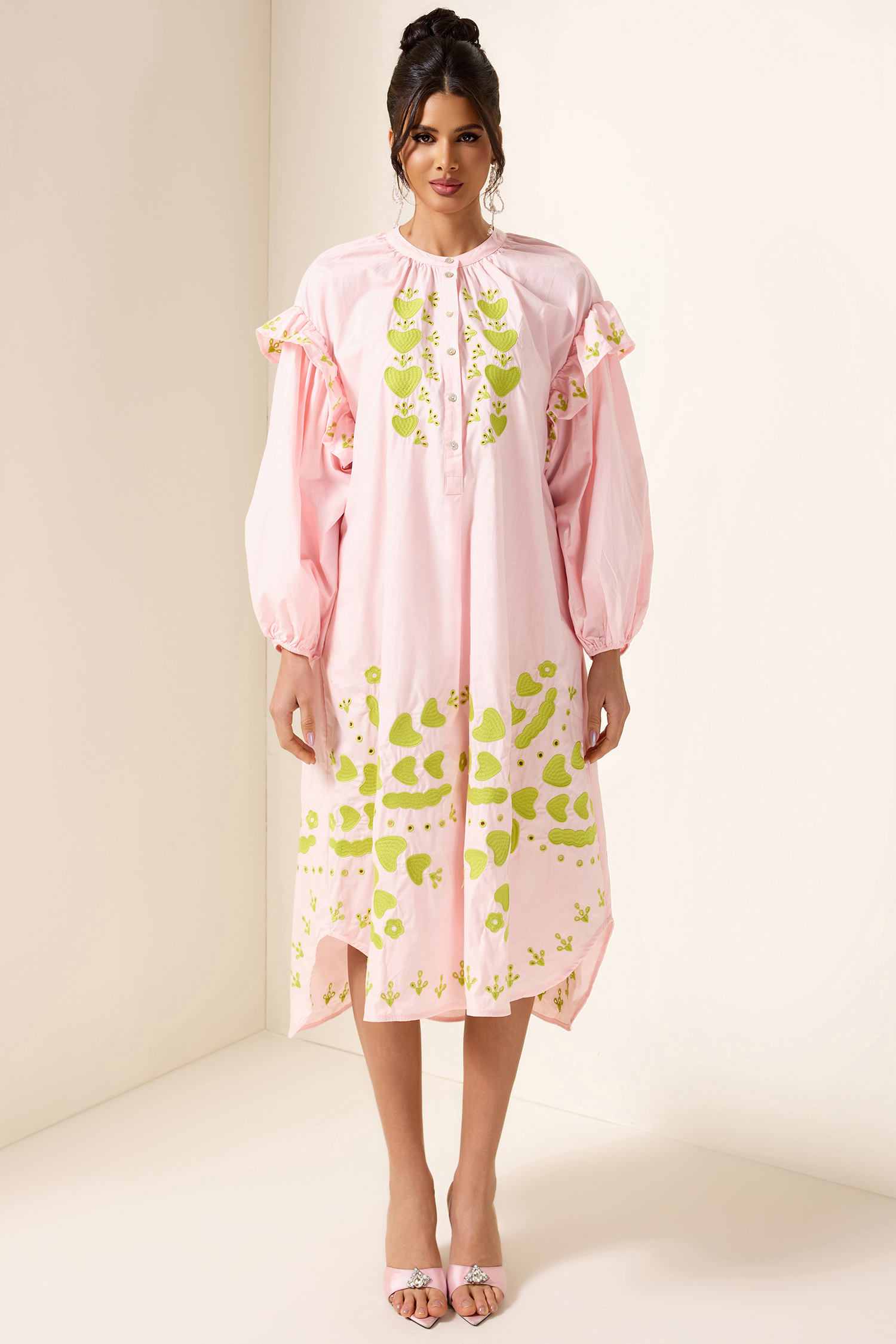 Embroidered Lantern Sleeve Heart Print Midi Dress