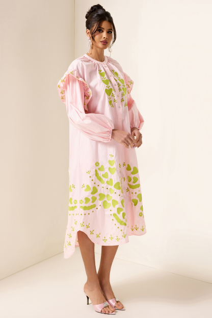 Embroidered Lantern Sleeve Heart Print Midi Dress